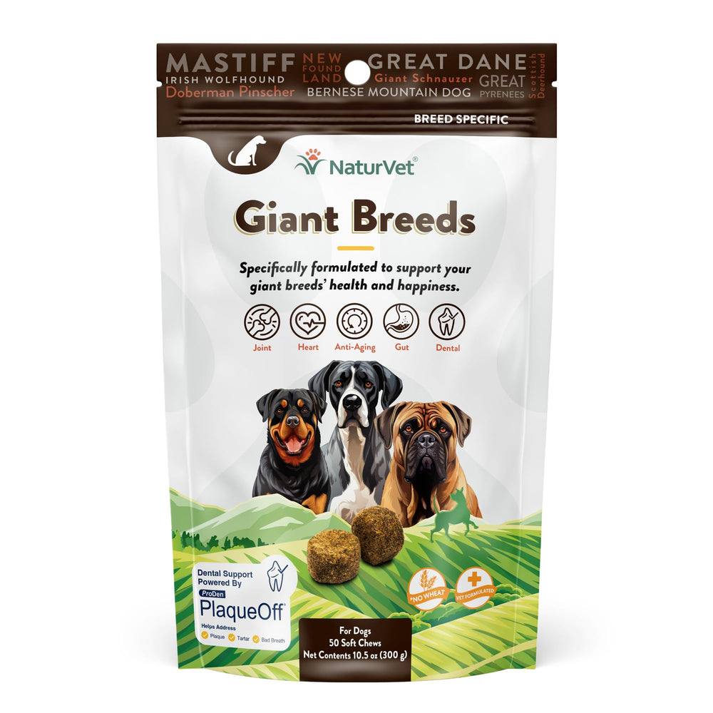 NaturVet Grandes Races - emballage clair et informatif du complément pour chiens.