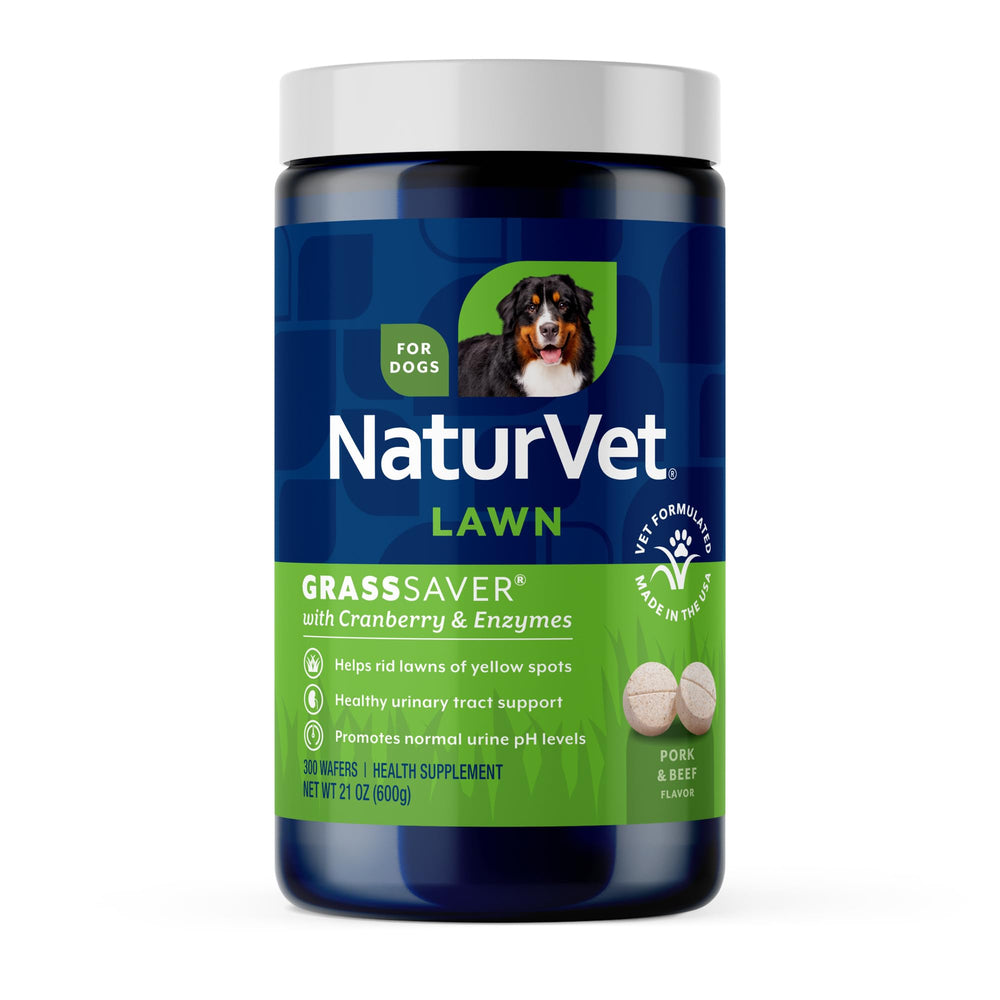 NaturVet GrassSaver Wafers – boîte visible, facilité d'administration pour chiens actifs.