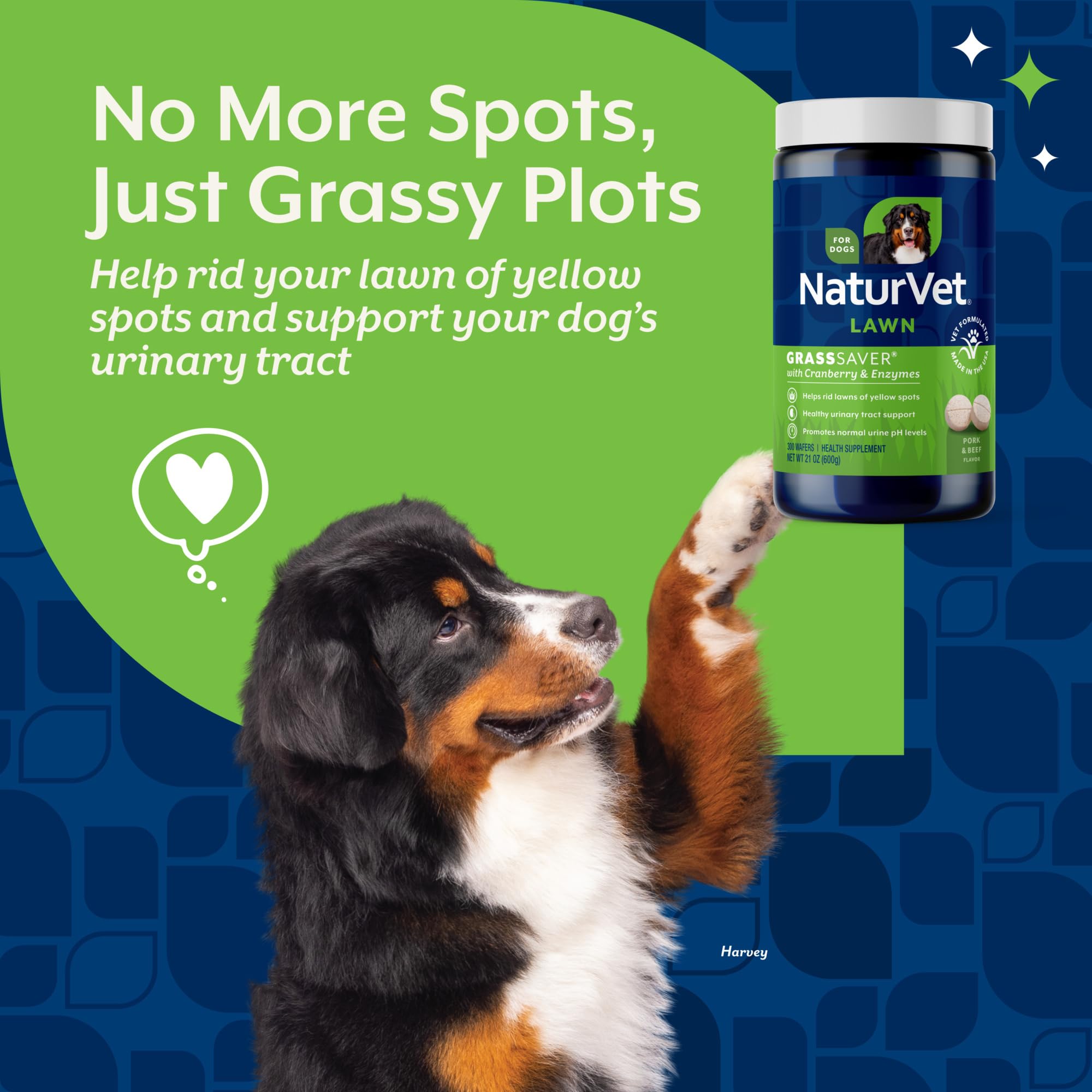 NaturVet GrassSaver Wafers – réduction potentielle des odeurs et taches sur pelouse.