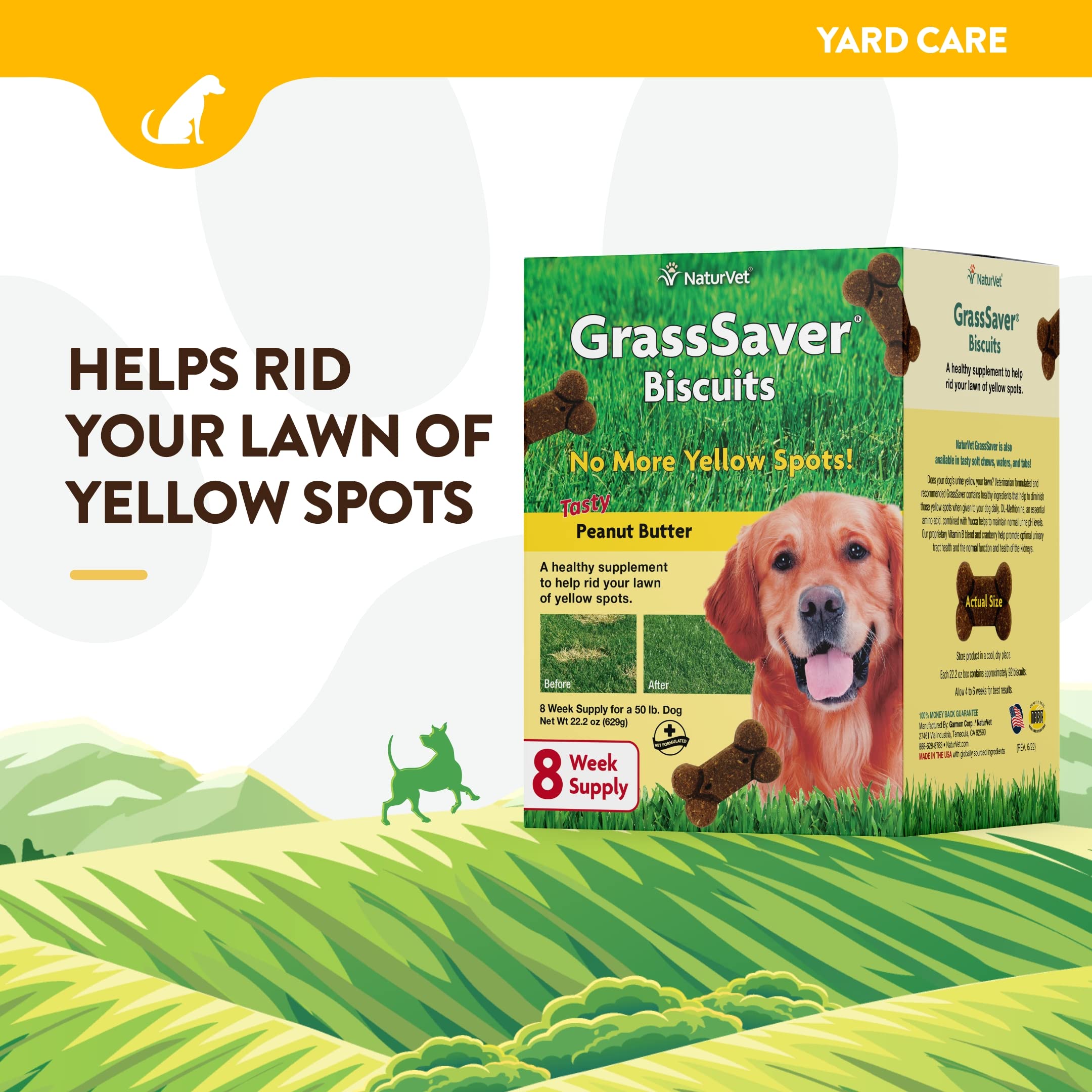 NaturVet GrassSaver Biscuits chien qui mâche une friandise au goût cacahuète.