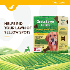 NaturVet GrassSaver Biscuits chien qui mâche une friandise au goût cacahuète.