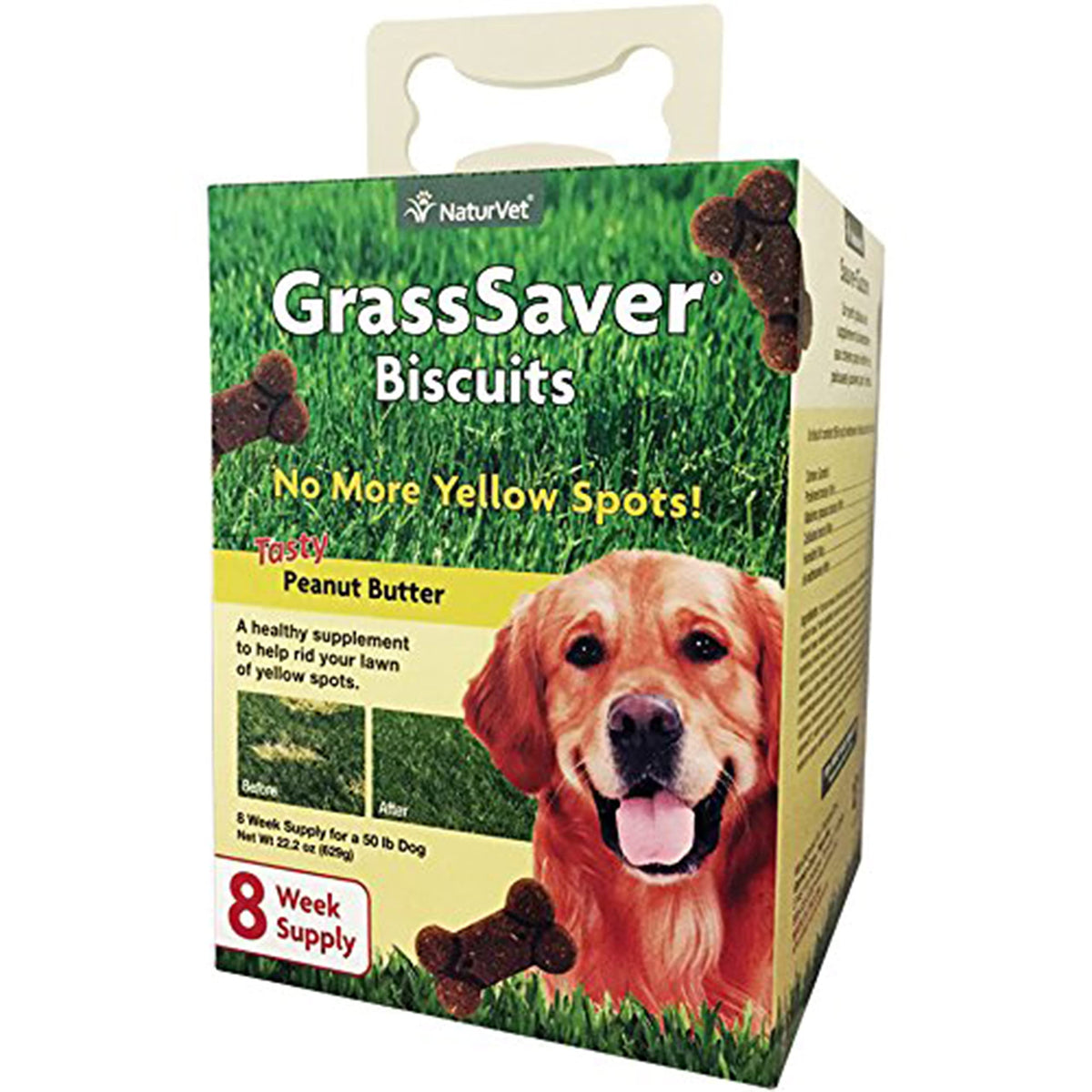 NaturVet GrassSaver Biscuits emballage pratique et frais pour chien.