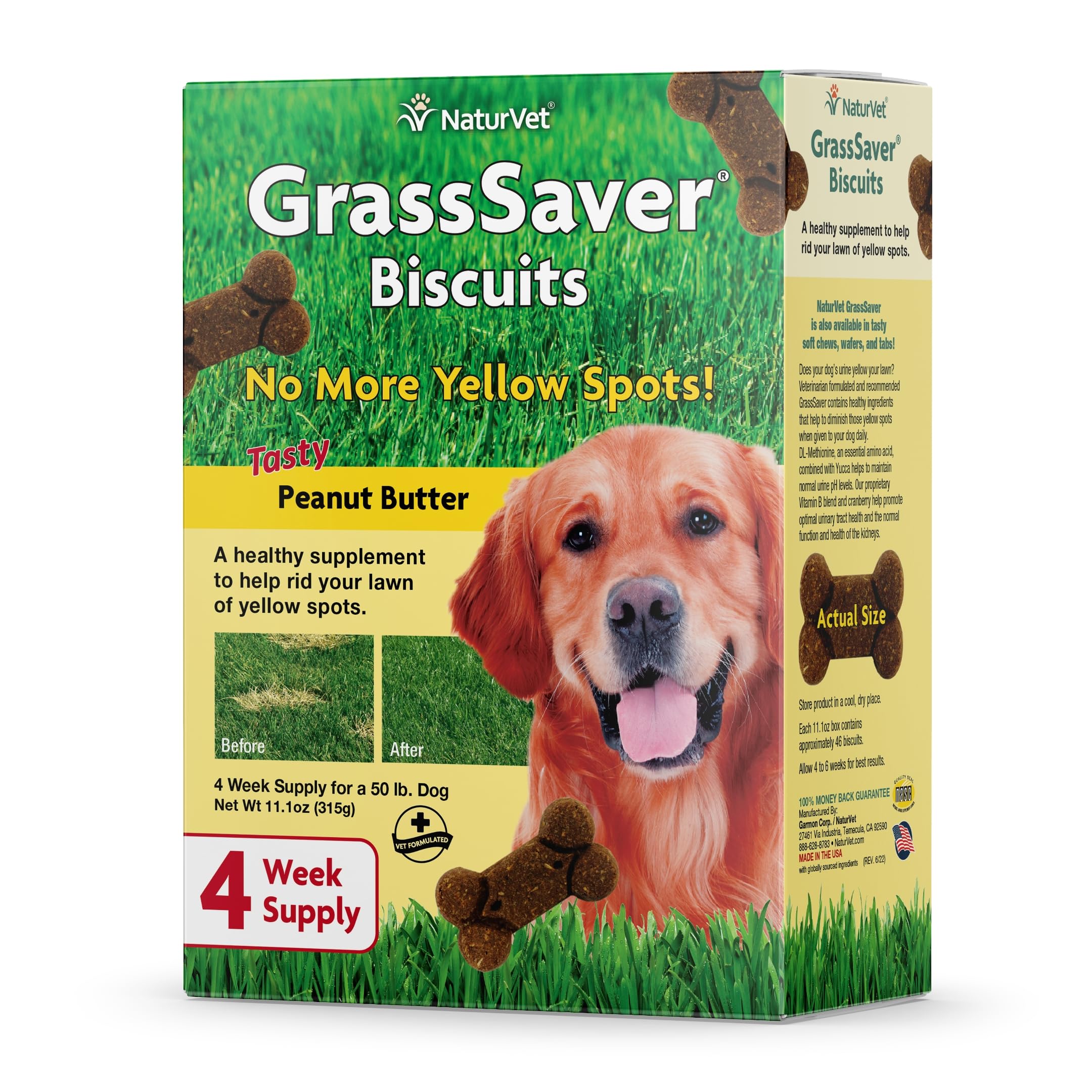 NaturVet GrassSaver biscuits pour chiens pour aider la pelouse a rester verte.
