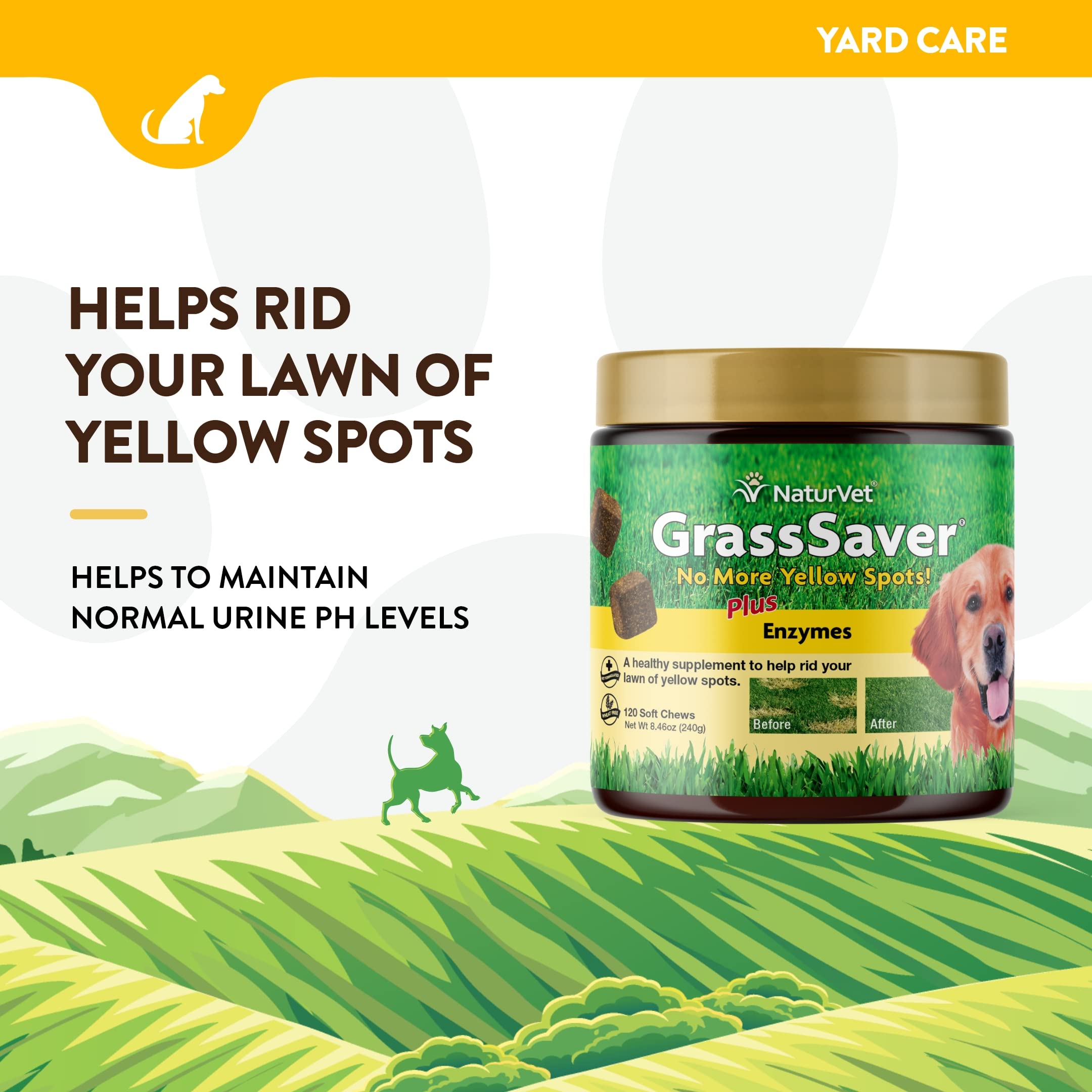 NaturVet GrassSaver – étiquette produit visible avec informations et ingrédients.