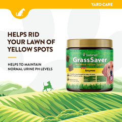 NaturVet GrassSaver – étiquette produit visible avec informations et ingrédients.