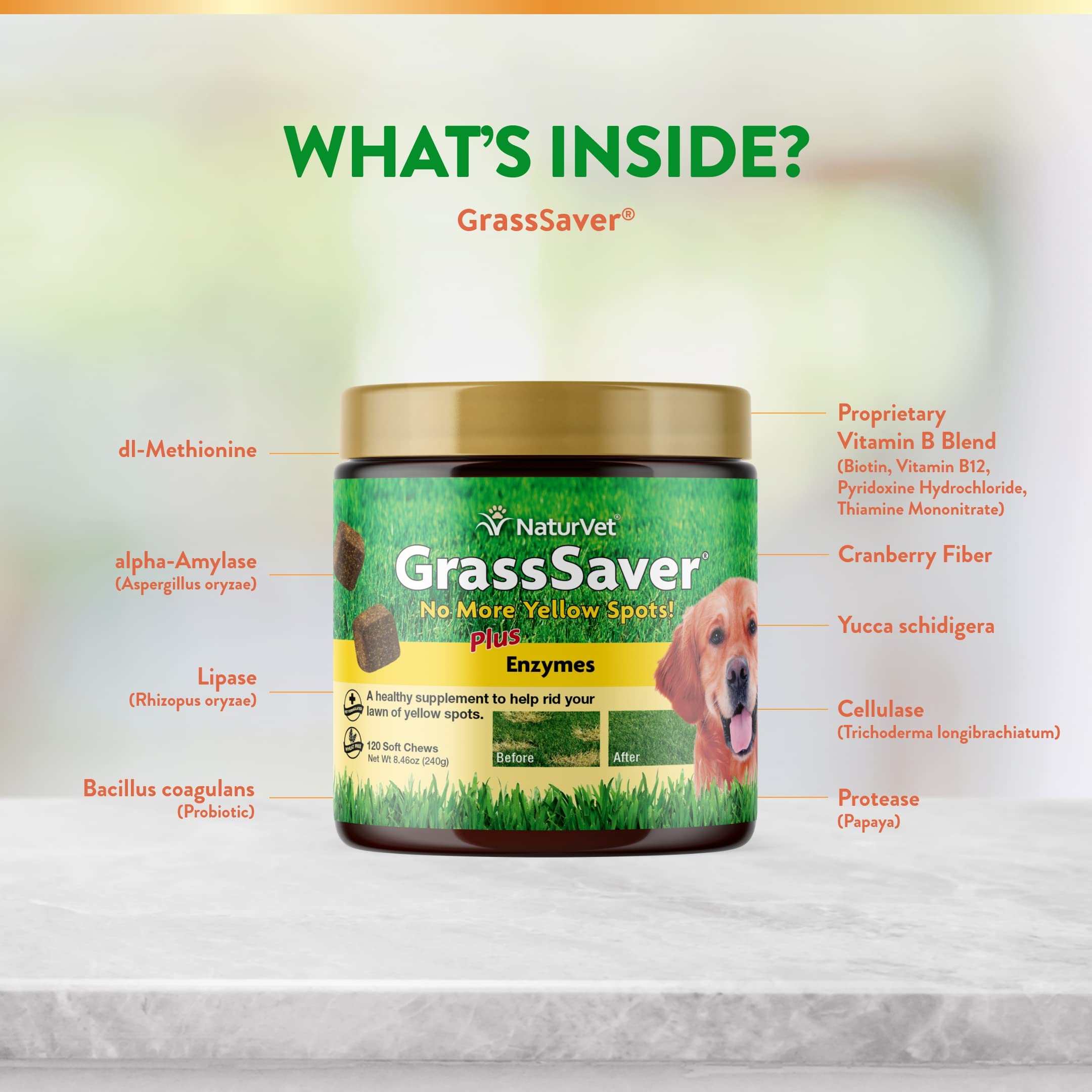 NaturVet GrassSaver – pelouse jaune montrée comme objectif visé.