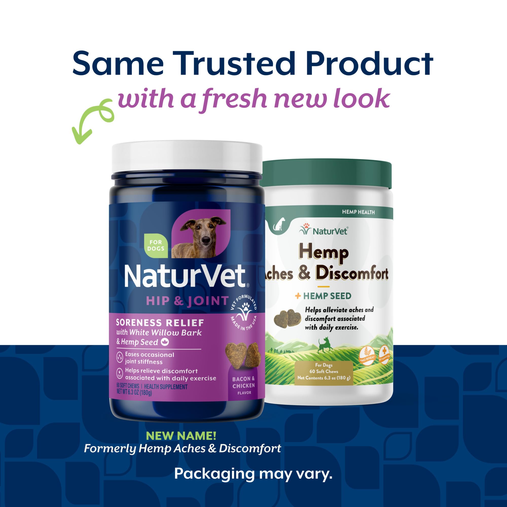 Ingrédients NaturVet: graines de chanvre et glucosamine, soutien possible des articulations.