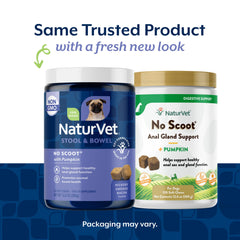 NaturVet No Scoot – gommes pour chiens en premier plan, bénéfice potentiel pour la digestion et le confort.
