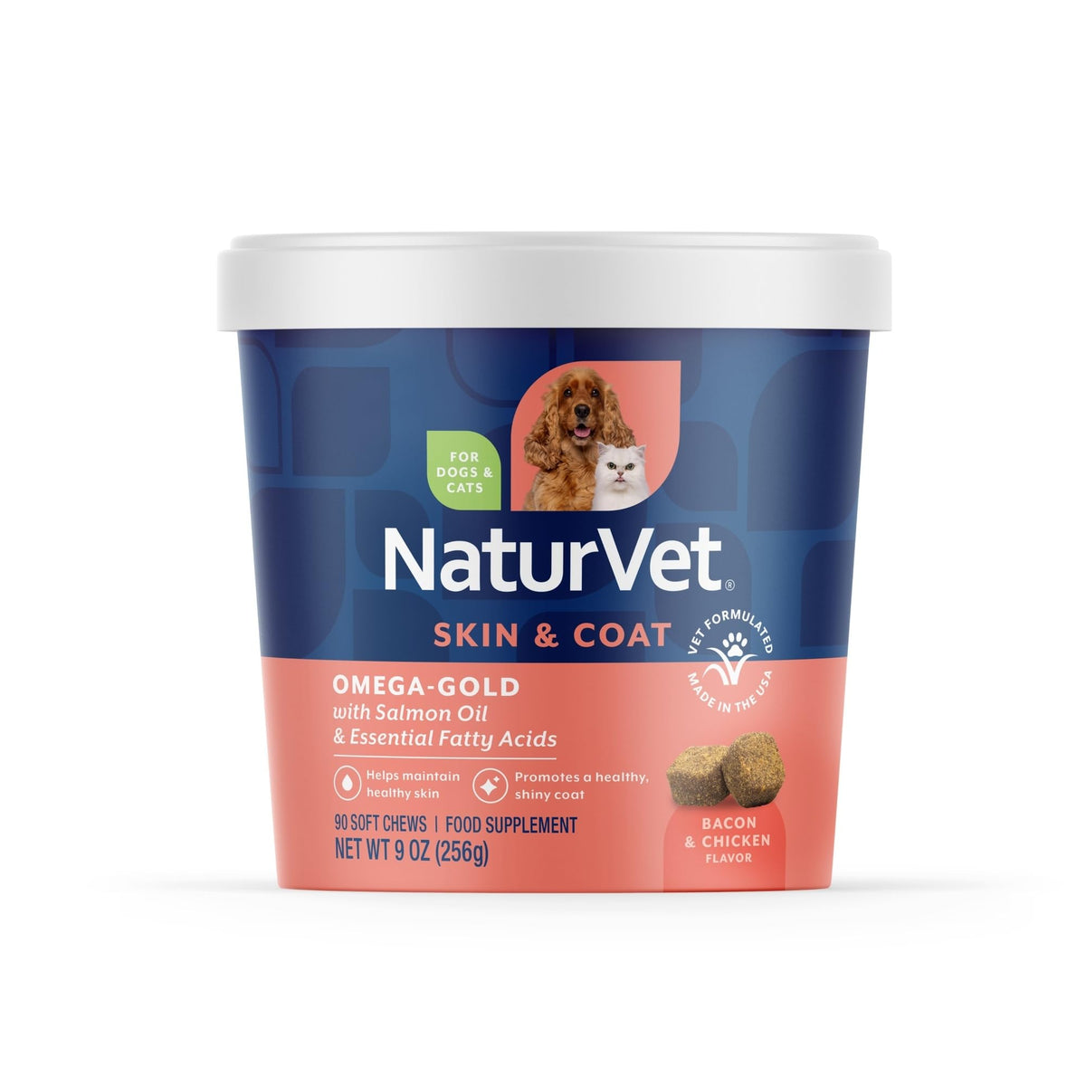 NaturVet Omega-Gold Plus, flacon saumon, soutien peau et pelage sain.