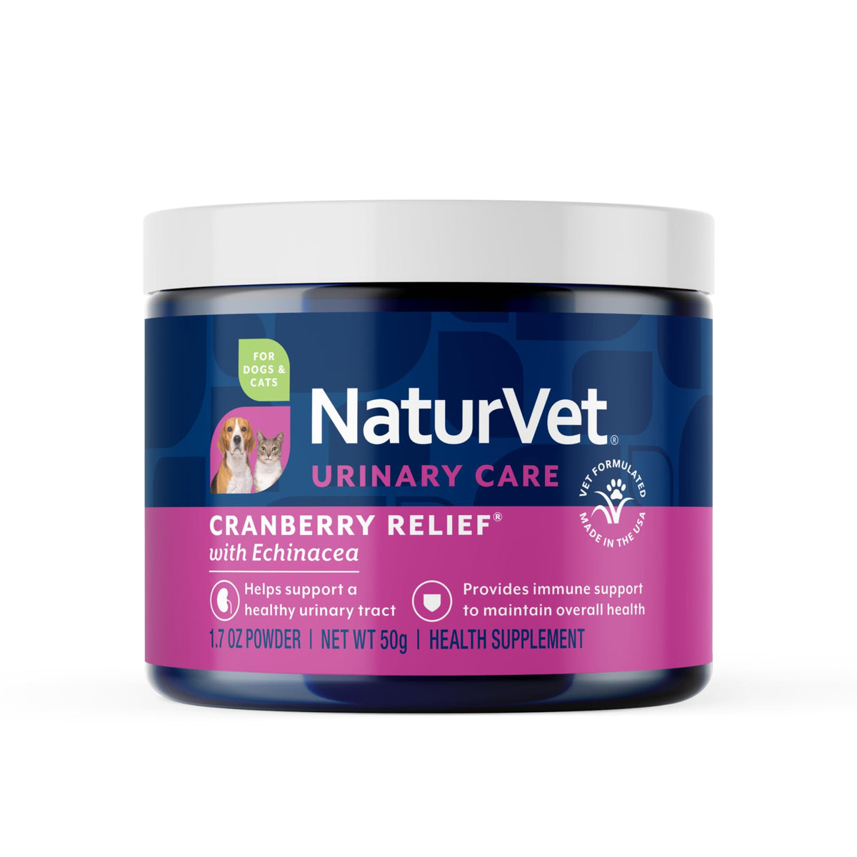 NaturVet Poudre Canneberge Relief Échinacée – soutien potentiel au bien-être urinaire et immunitaire.