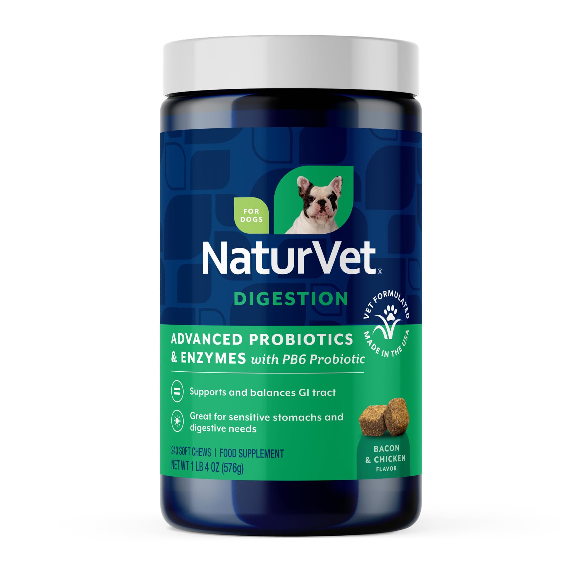 NaturVet pot friandises PB6 saveur bacon fumé, soutien digestif potentiel pour chiens.
