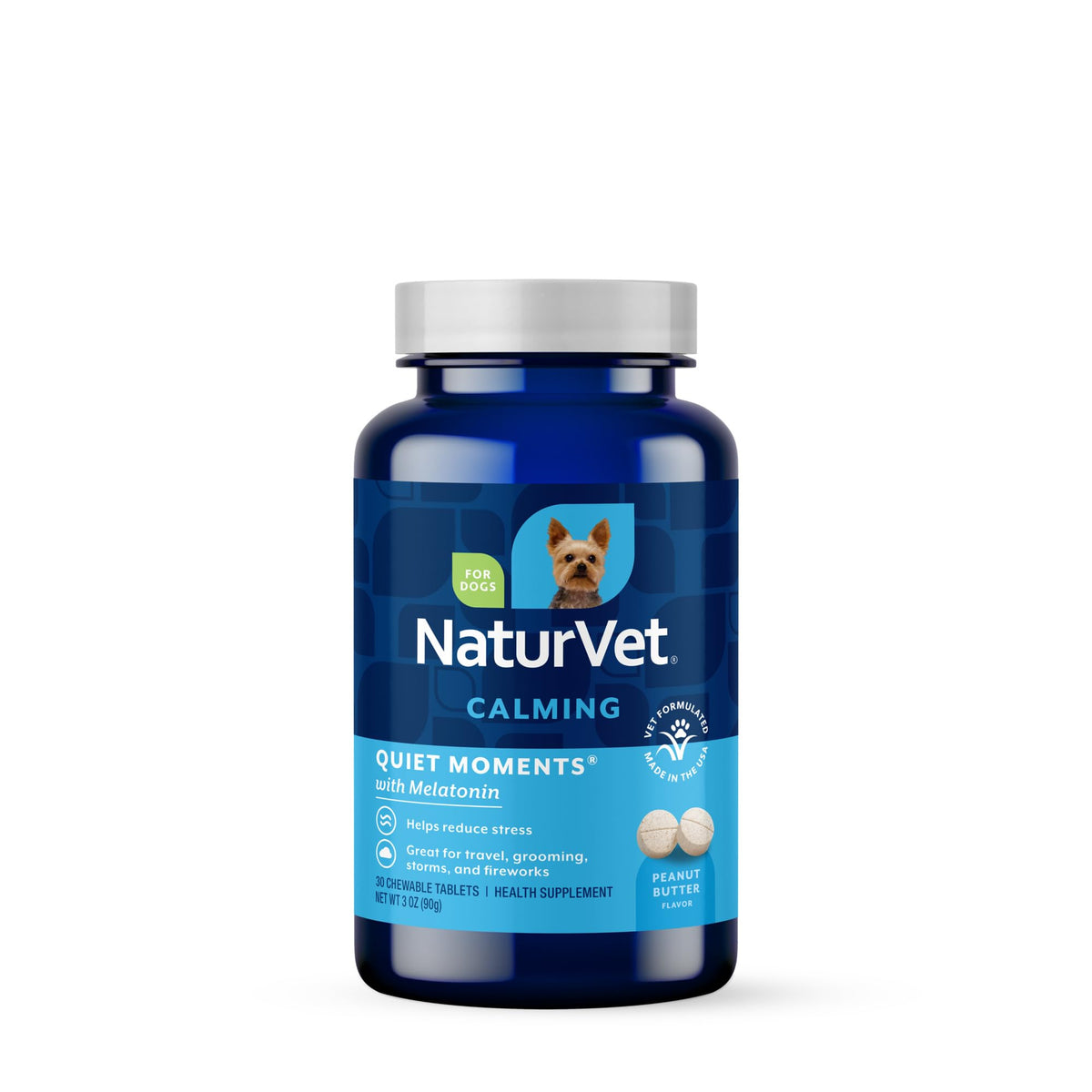 NaturVet Quiet Moments bouteille et emballage, pratique pour la fraîcheur et le dosage.