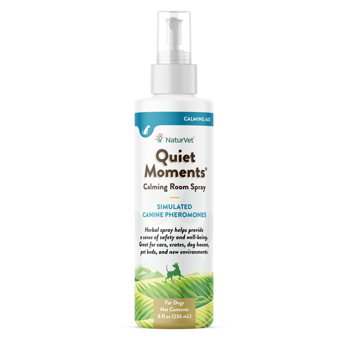 NaturVet Quiet Moments : bouteille spray pour chien, ambiance apaisante dans la pièce.