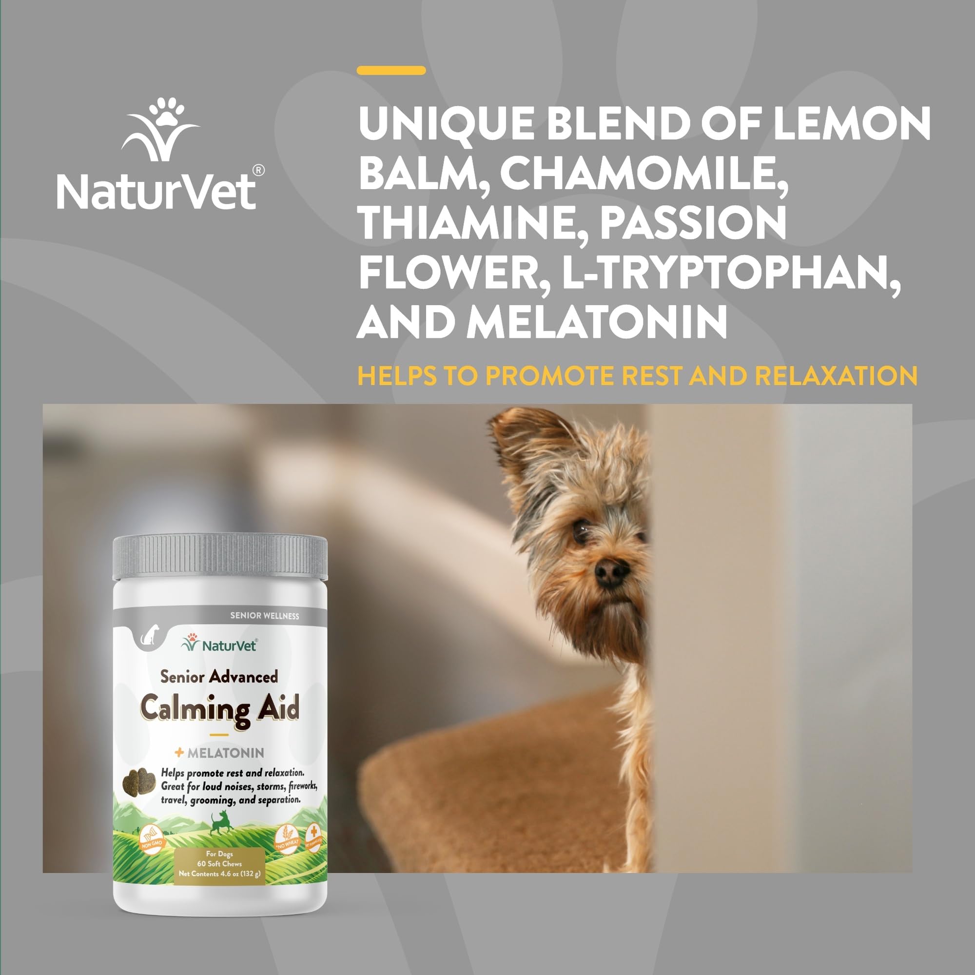 NaturVet Quiet Moments: étiquette et logo visibles, formule sans gluten pour chiens sensibles.