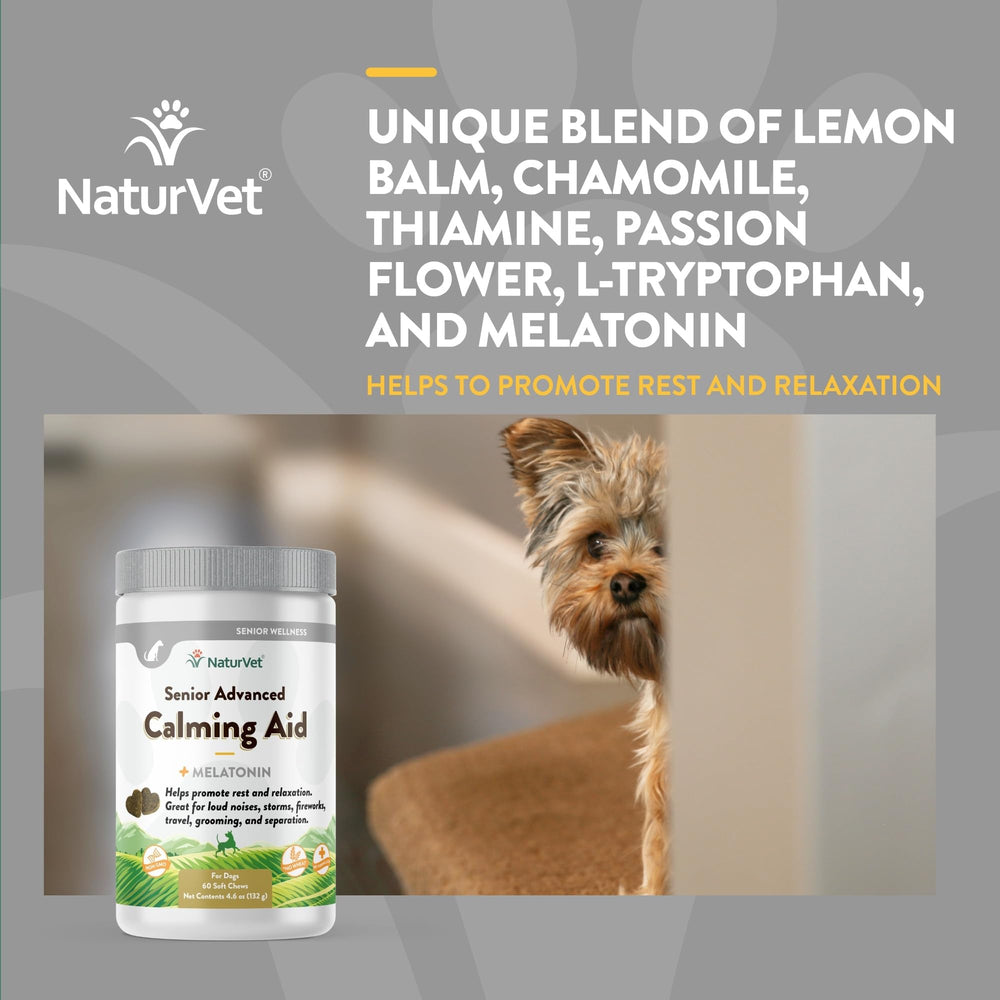 NaturVet Quiet Moments: étiquette et logo visibles, formule sans gluten pour chiens sensibles.