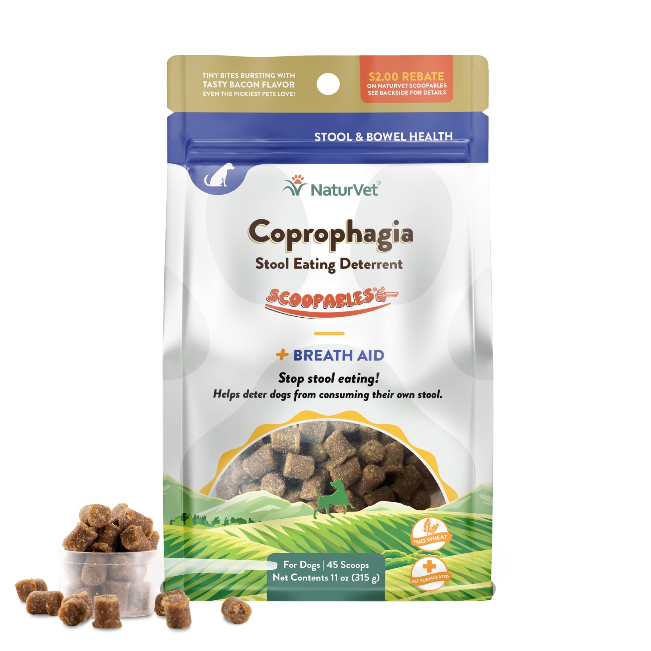 NaturVet Scoopables sachet 11oz, goût bacon fumé, peut aider à dissuader les crottes.