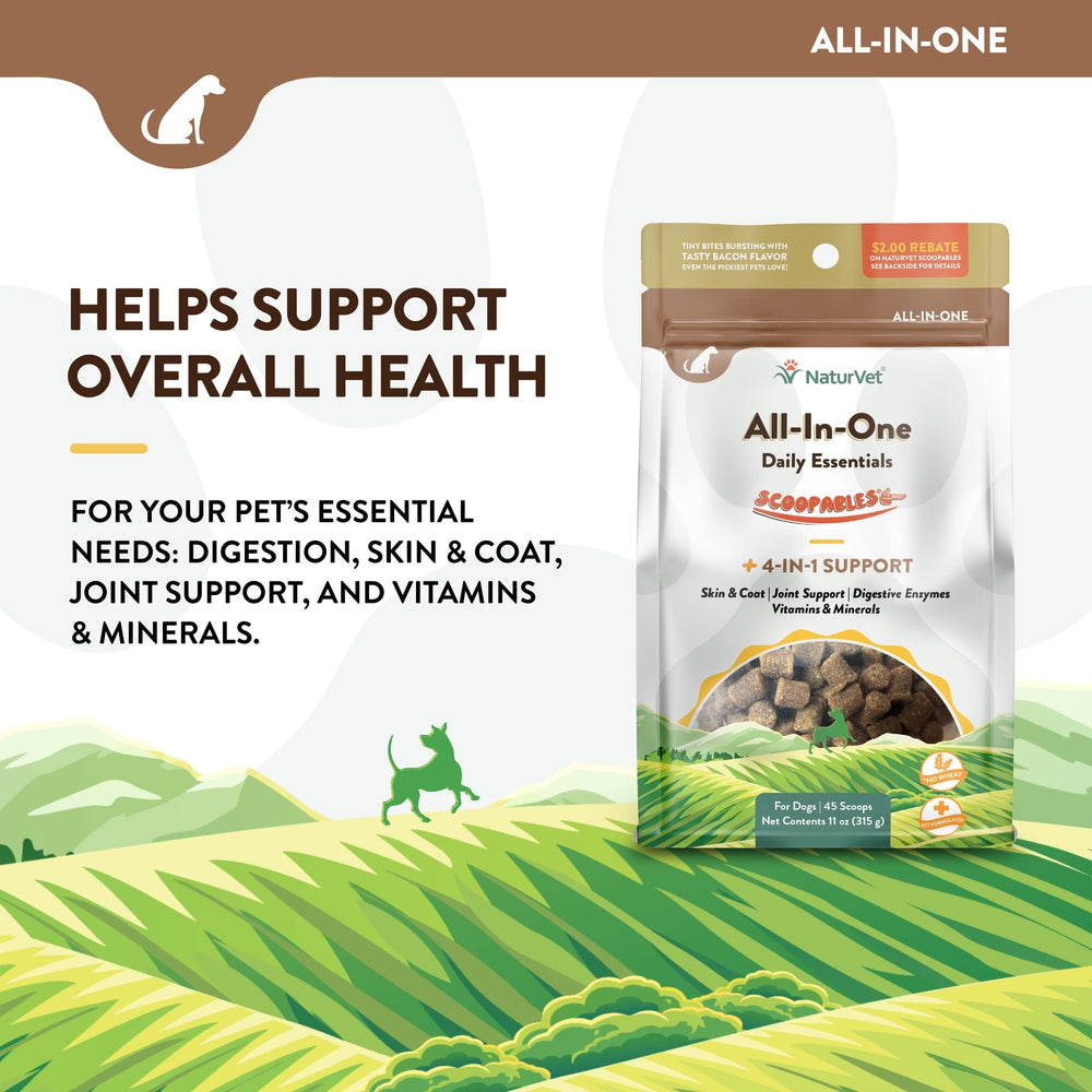 NaturVet Scoopables prébiotiques et probiotiques pour confort intestinal et microflore équilibrée.