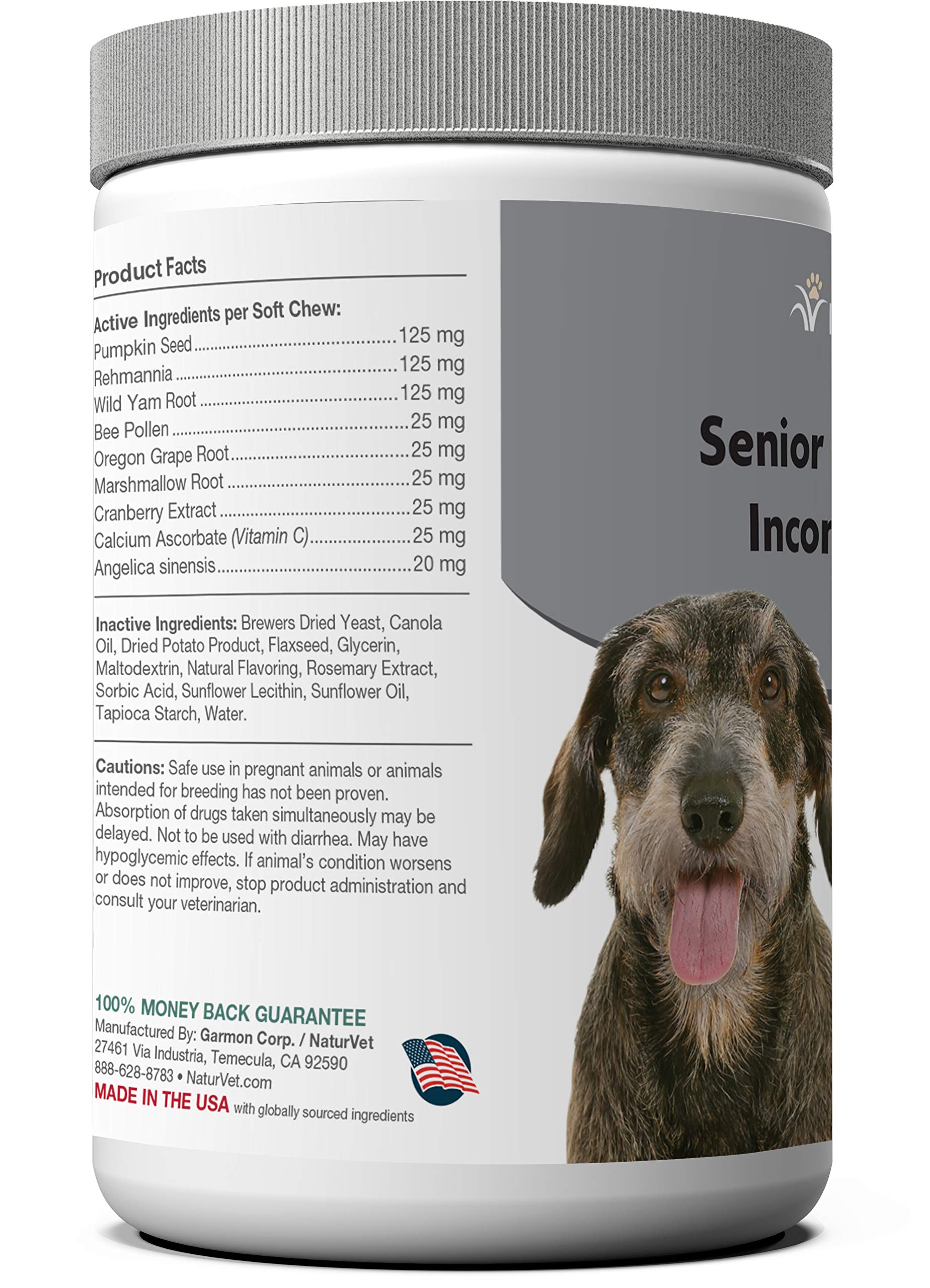 NaturVet Senior Incontinence — gommes pour chiens en sachet, formulation digestible.