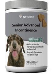 NaturVet Senior Incontinence — pot de friandises, soutien potentiel au contrôle urinaire.