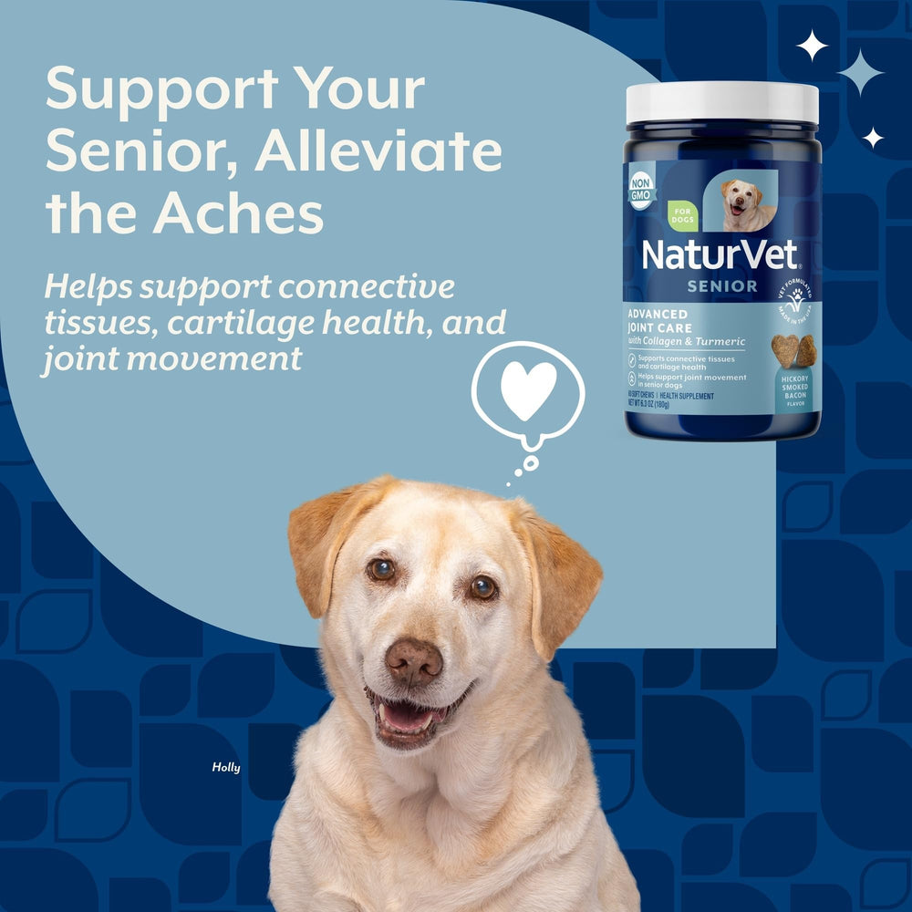 NaturVet Senior: ingrédients clés glucosamine et collagène pour soutien articulaire