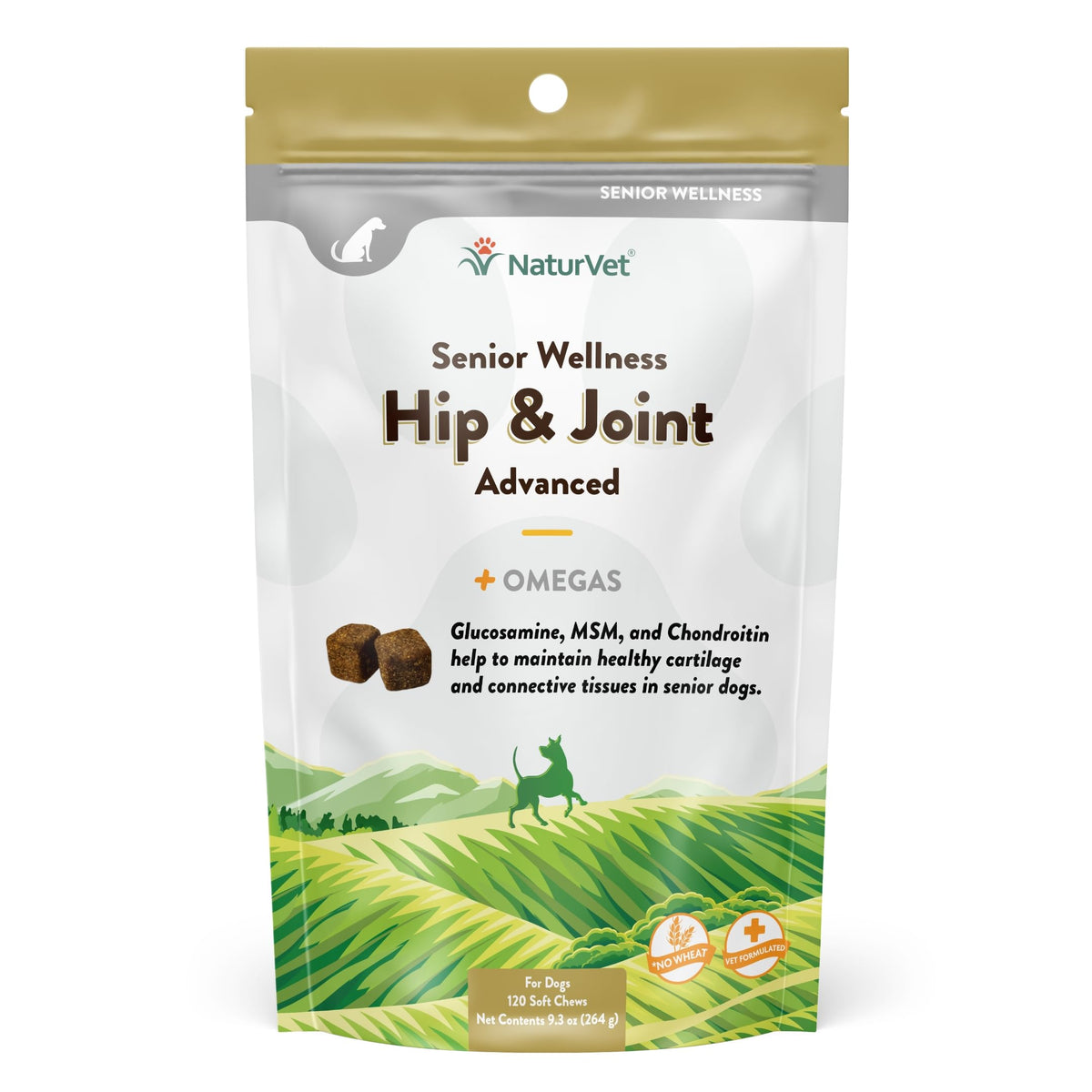 NaturVet Senior Wellness – bouchées molles soutenant hanches et articulations au quotidien.
