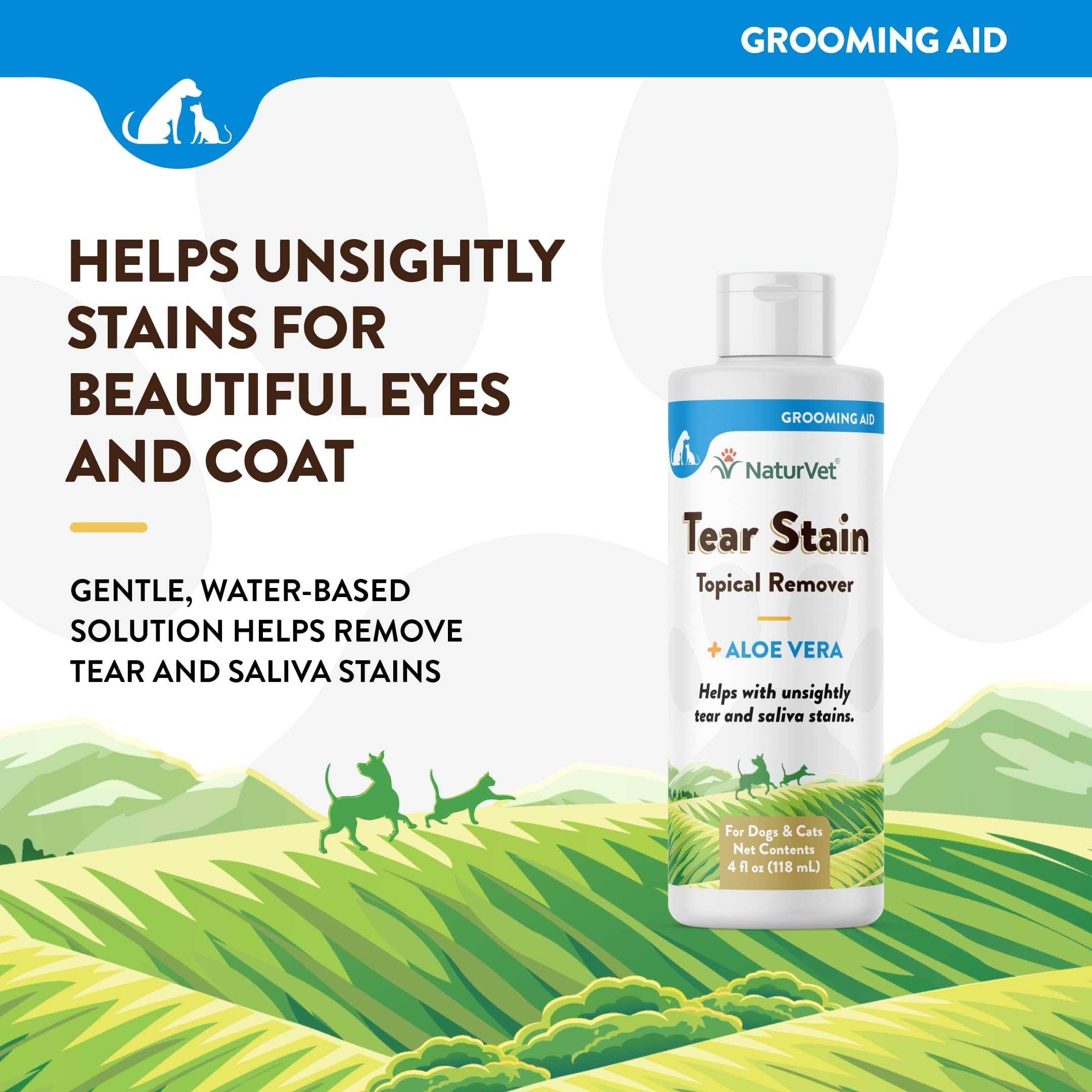 NaturVet Solution Eau Base Taches Larmes - Produit à base d'eau autour des yeux.