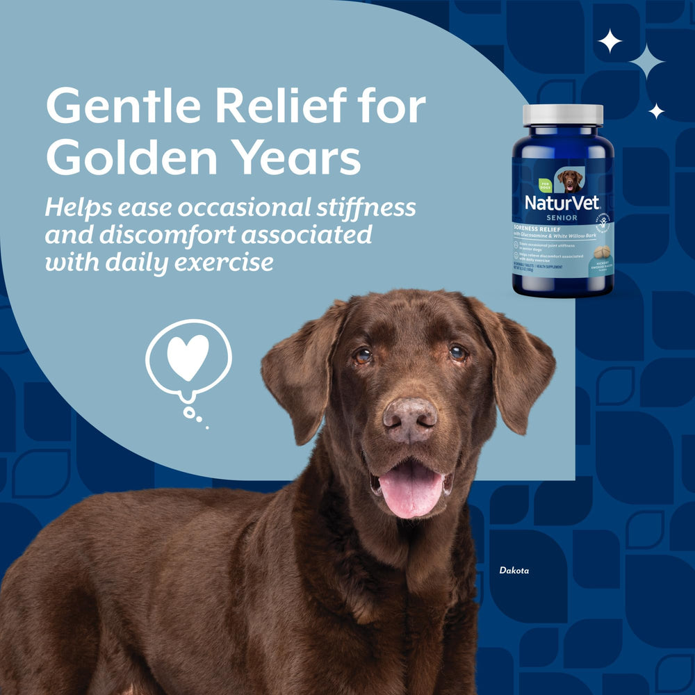NaturVet Soreness Relief tablettes détail emballage, informations claires.