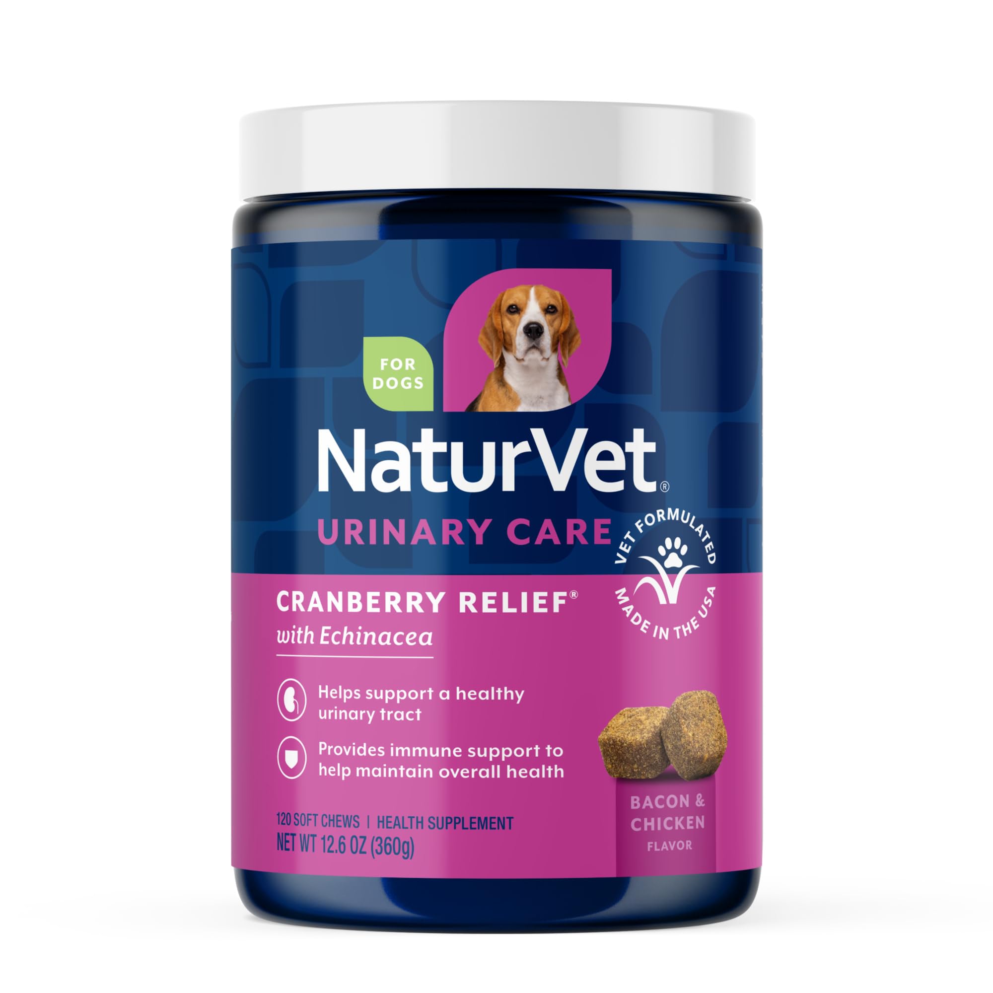 NaturVet soulagement canneberge – bouteille montrée, soutien urinaire potentiel pour chiens