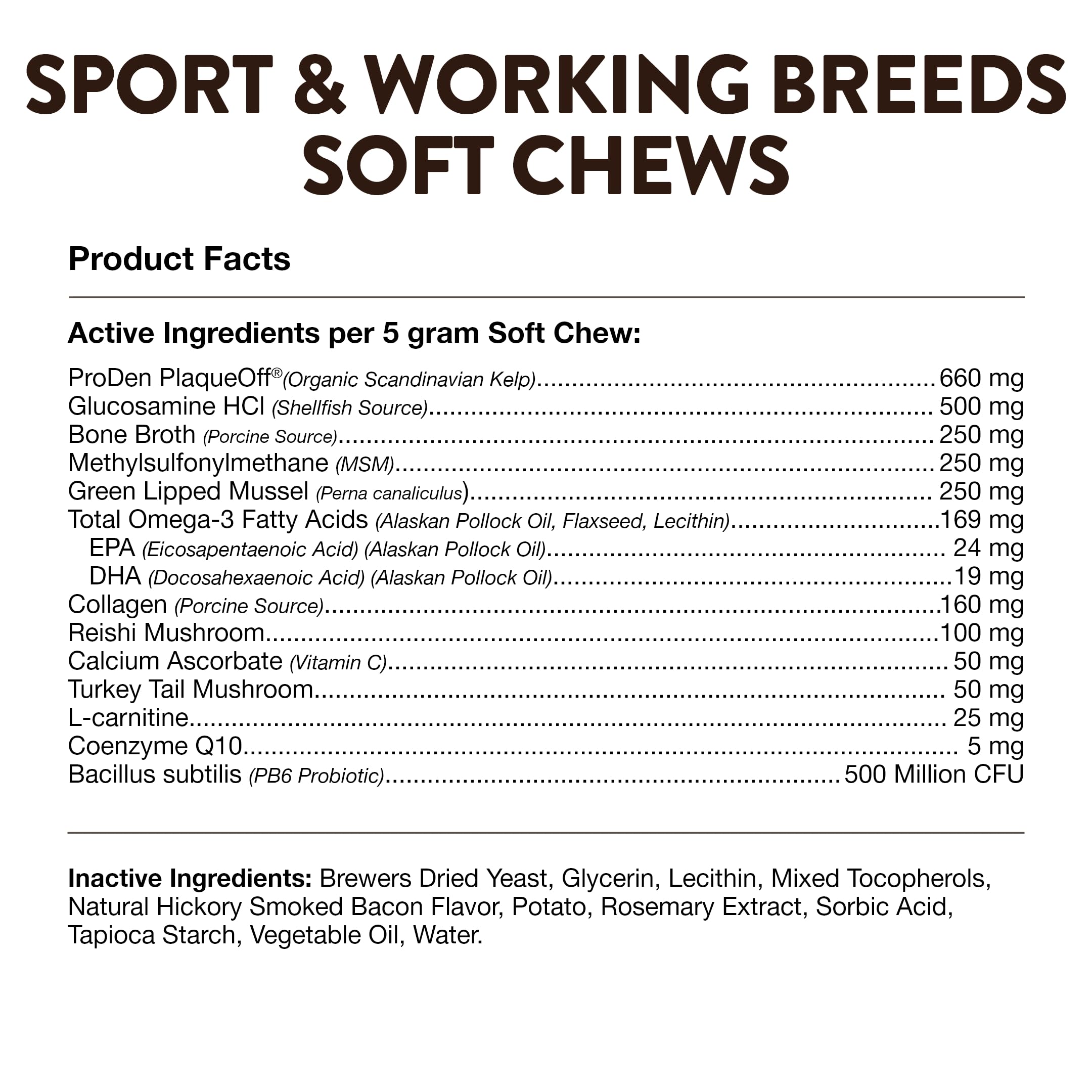 NaturVet Sport Supplement – tableau nutritionnel indiquant les nutriments et les usages