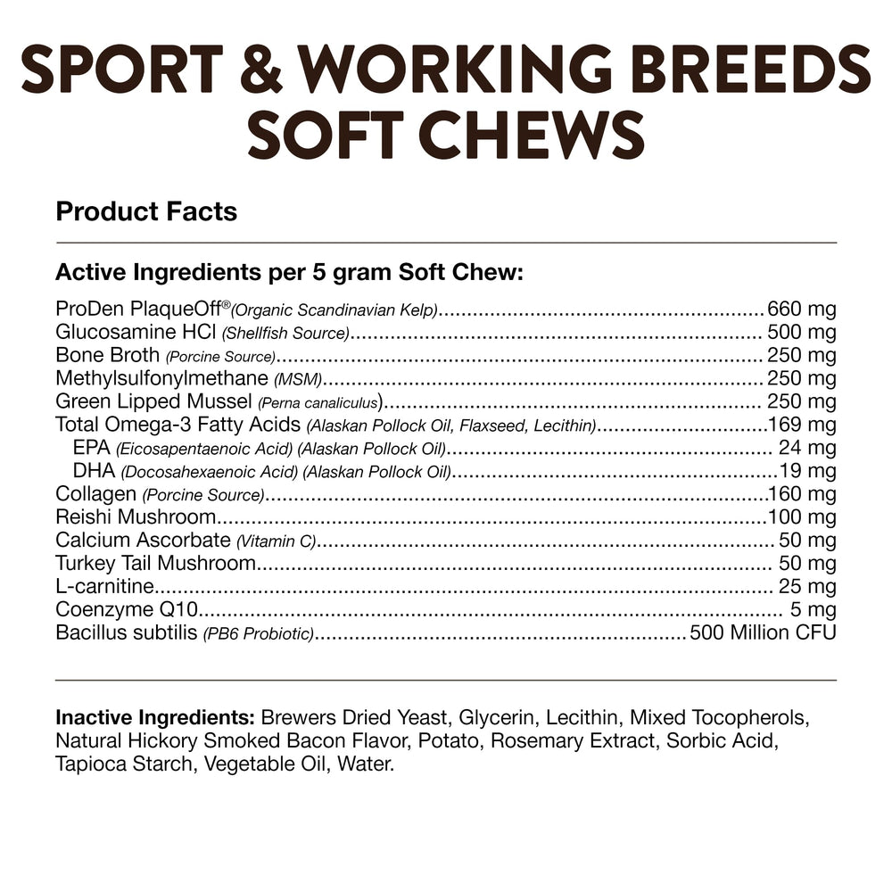 NaturVet Sport Supplement – tableau nutritionnel indiquant les nutriments et les usages