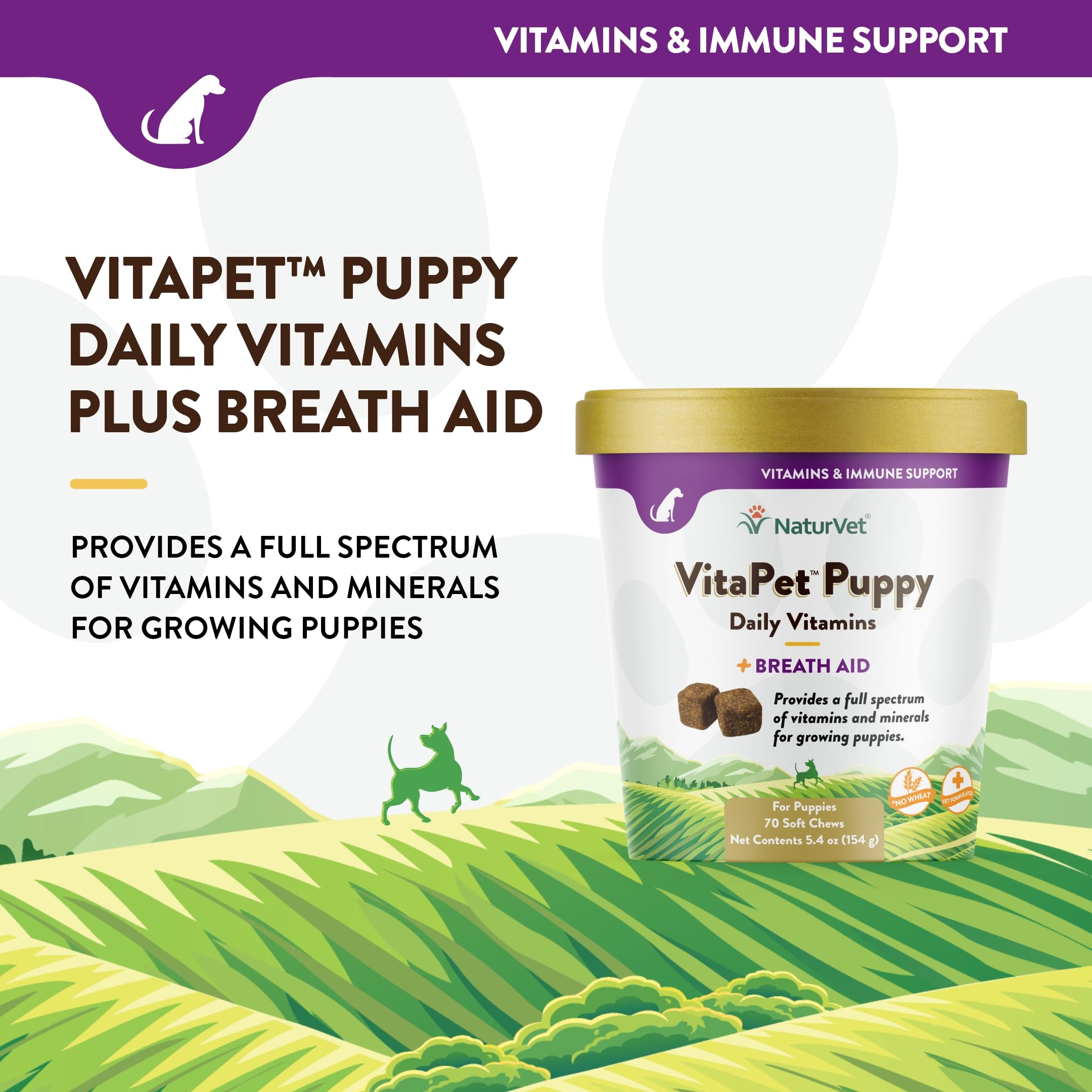 NaturVet VitaPet Chiots – ingrédients et vitamines essentiels sur l’emballage