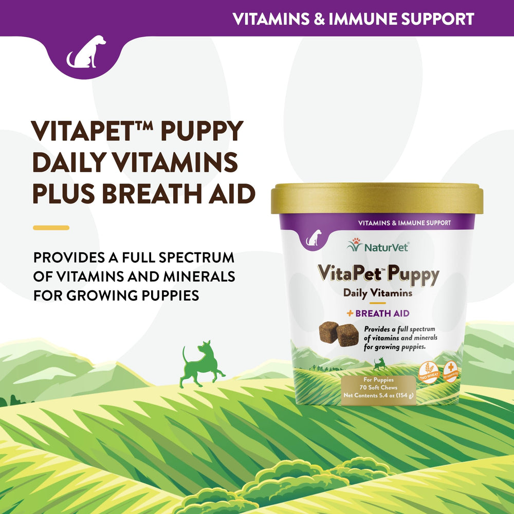 NaturVet VitaPet Chiots – ingrédients et vitamines essentiels sur l’emballage