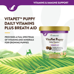NaturVet VitaPet Chiots – ingrédients et vitamines essentiels sur l’emballage