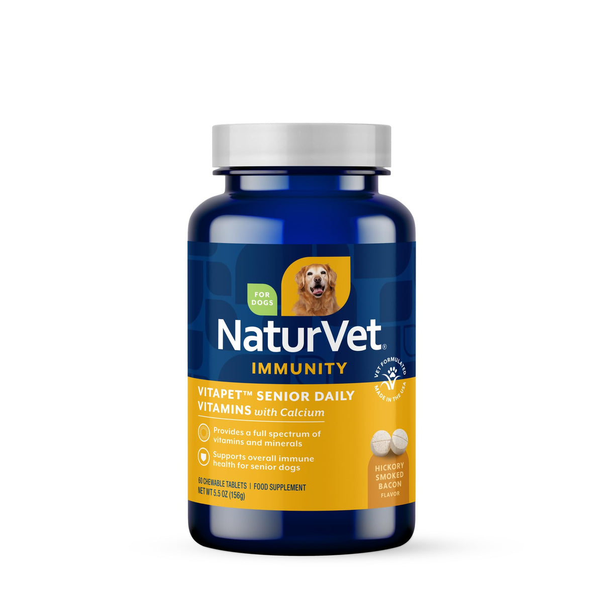 NaturVet VitaPet Senior – bouteille de comprimés à libération progressive, soutien articulaire potentiel.