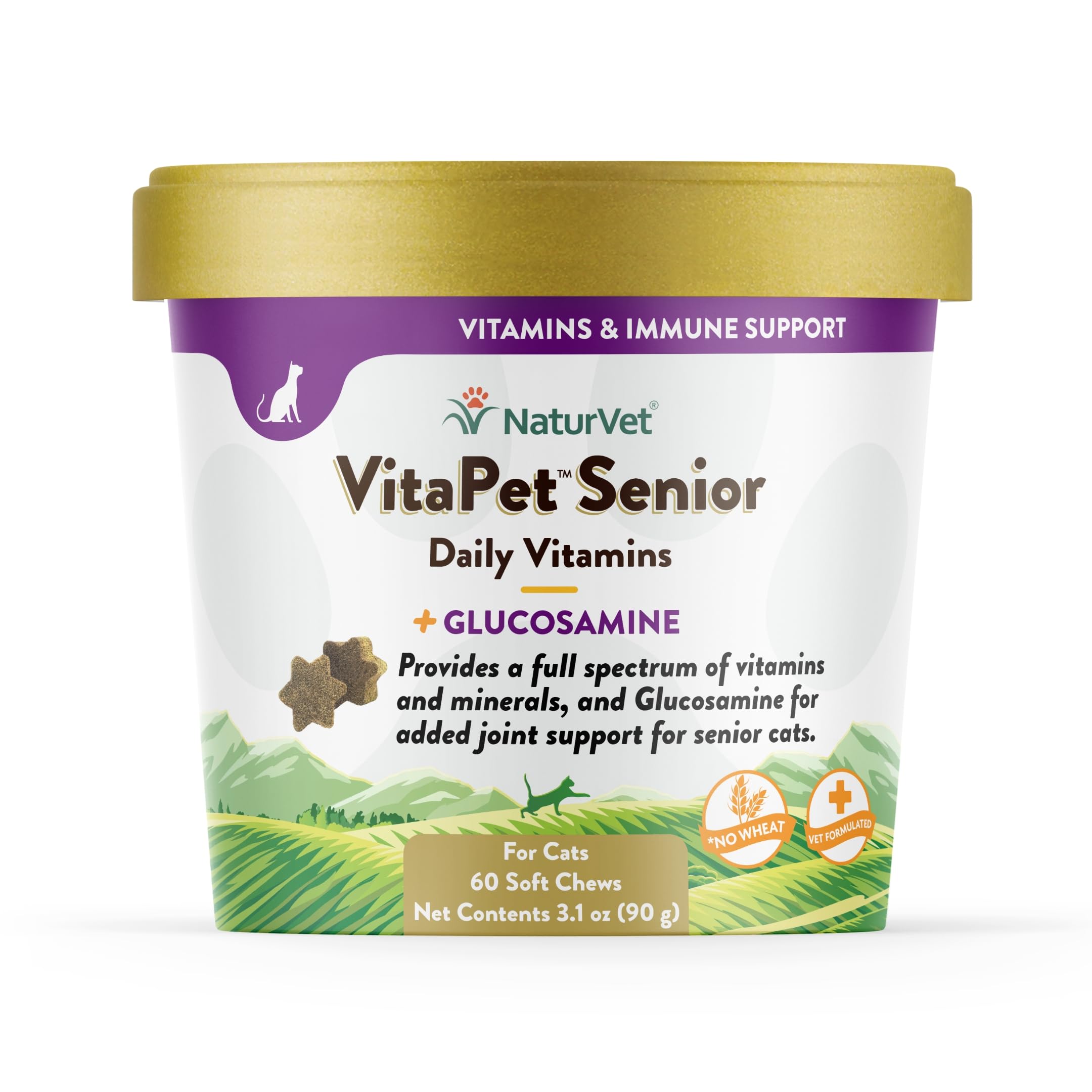 NaturVet VitaPet Senior – Bouteille montrant le produit, soutien nutritionnel quotidien pour chats âgés.