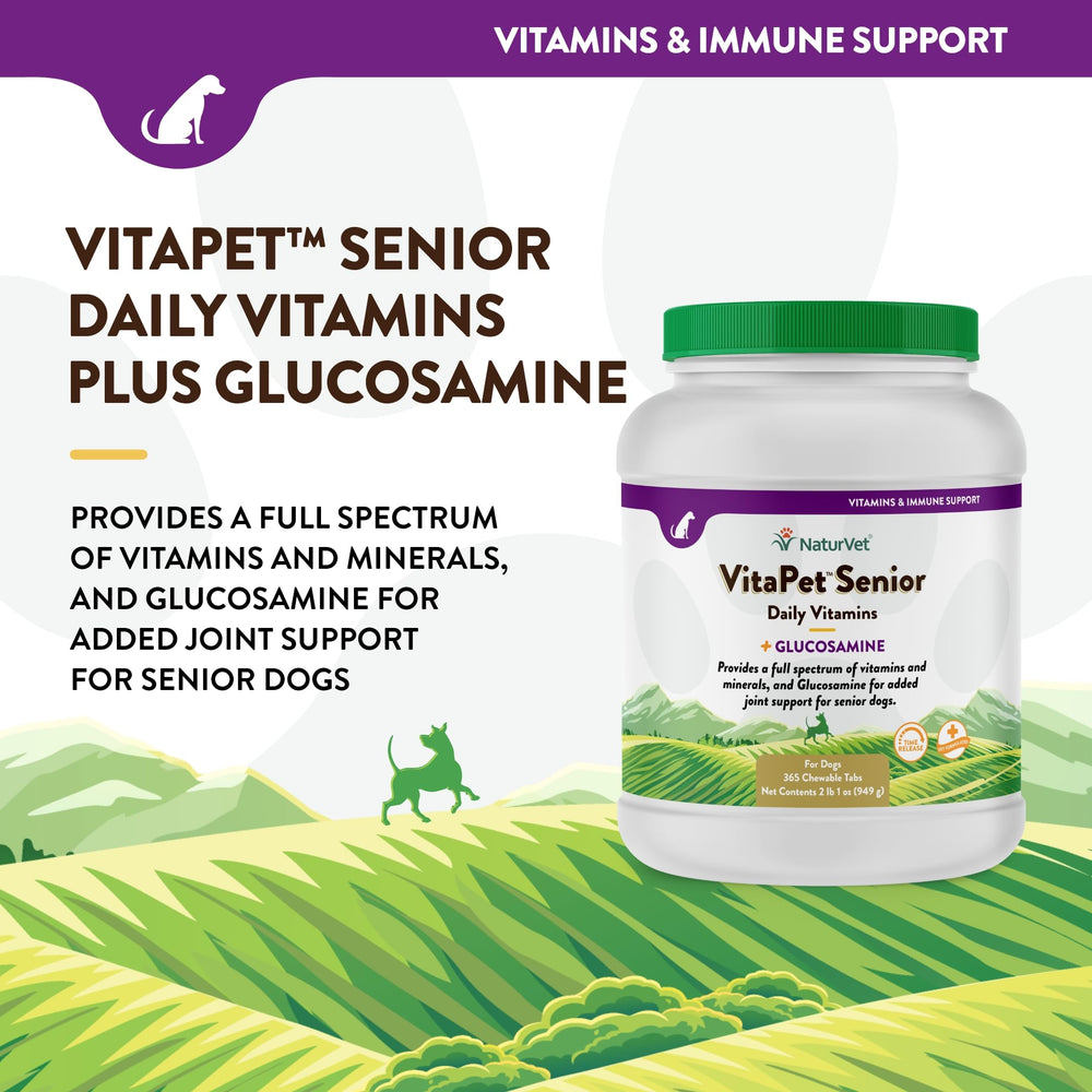 NaturVet VitaPet Senior – étiquette lisible, composants nutritionnels clés.