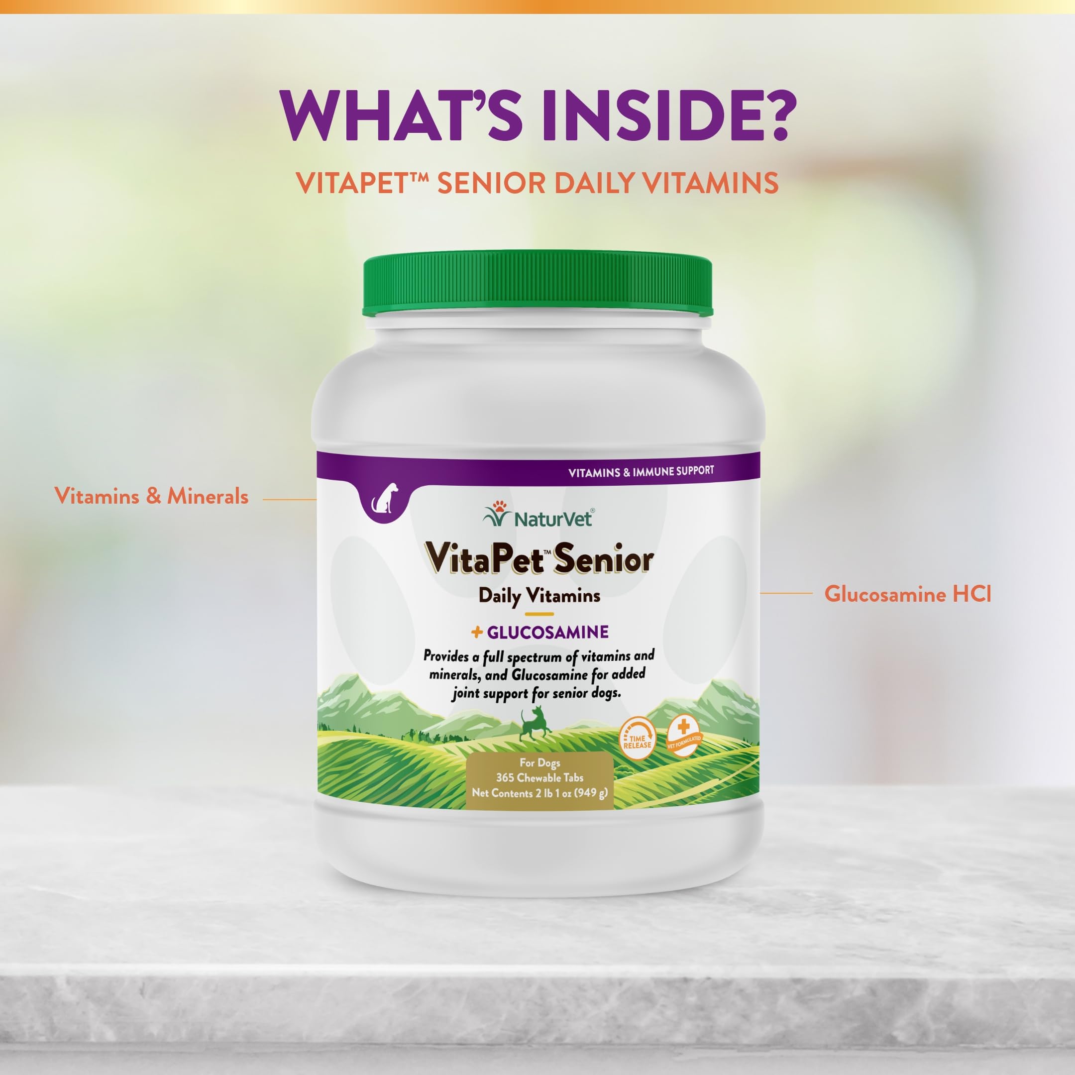 NaturVet VitaPet Senior – glucosamine comme ingrédient clé pour le soutien articulaire.
