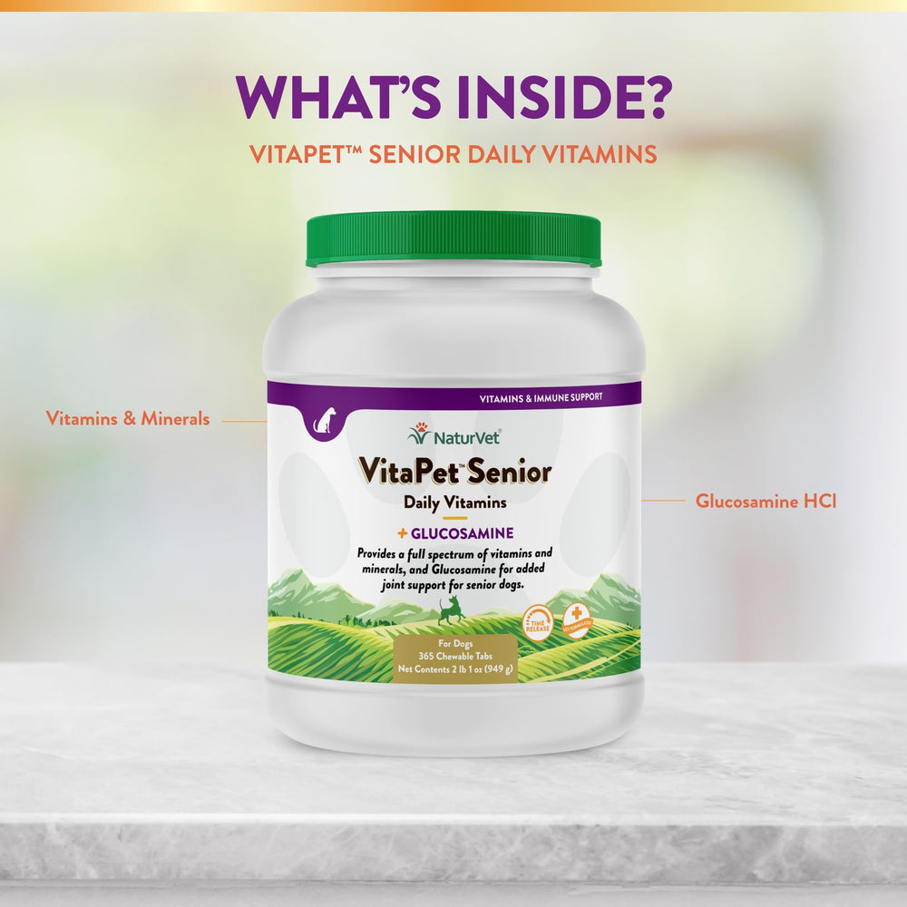 NaturVet VitaPet Senior – glucosamine comme ingrédient clé pour le soutien articulaire.