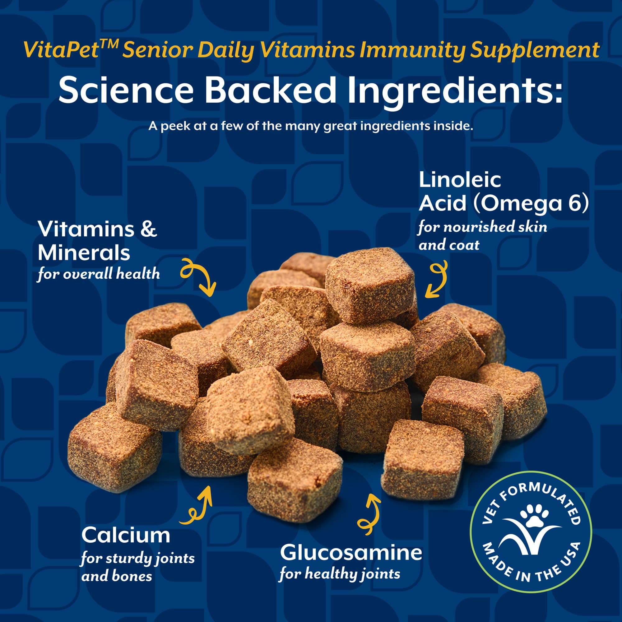 NaturVet VitaPet Senior – ingrédients incluant la glucosamine pour le support articulaire potentiel.