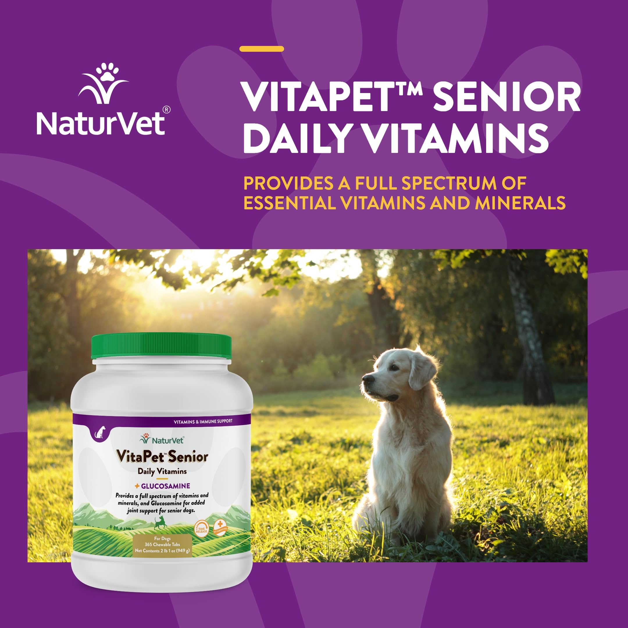 NaturVet VitaPet Senior – comprimés à libération progressive pour une prise continue.