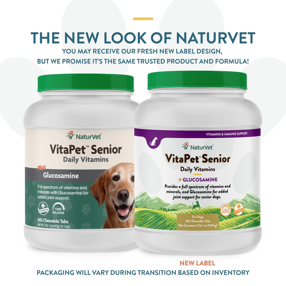 NaturVet VitaPet Senior – tablettes mâchables visibles, usage quotidien pratique.