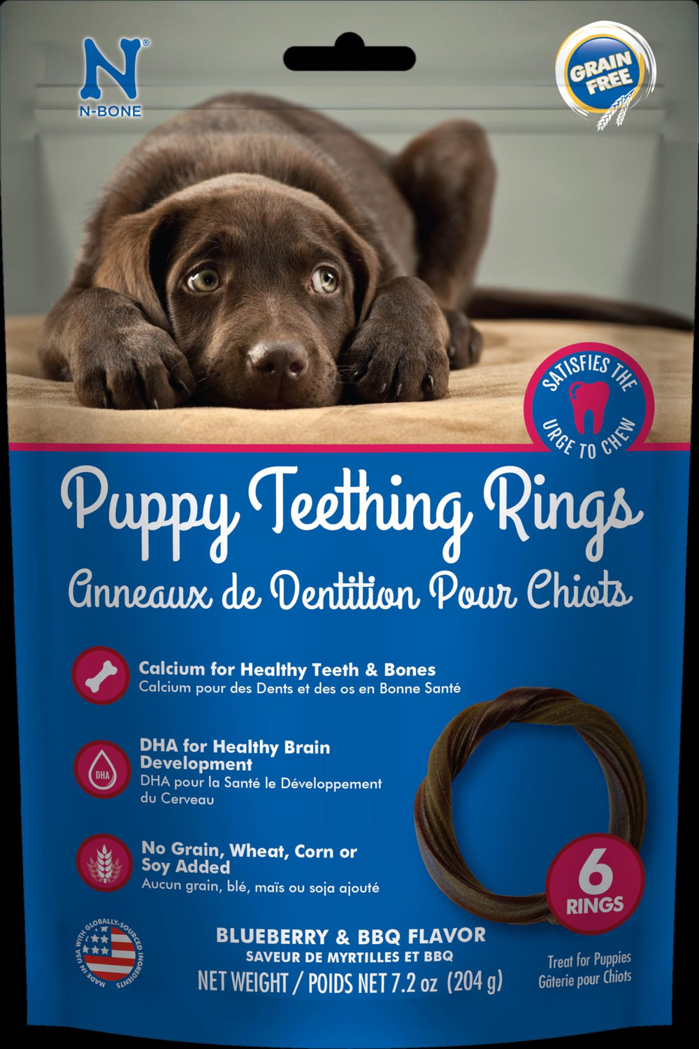 Anneaux N-Bone Puppy Teething Rings pour chiot, goût myrtille-barbecue, apaisent les gencives.