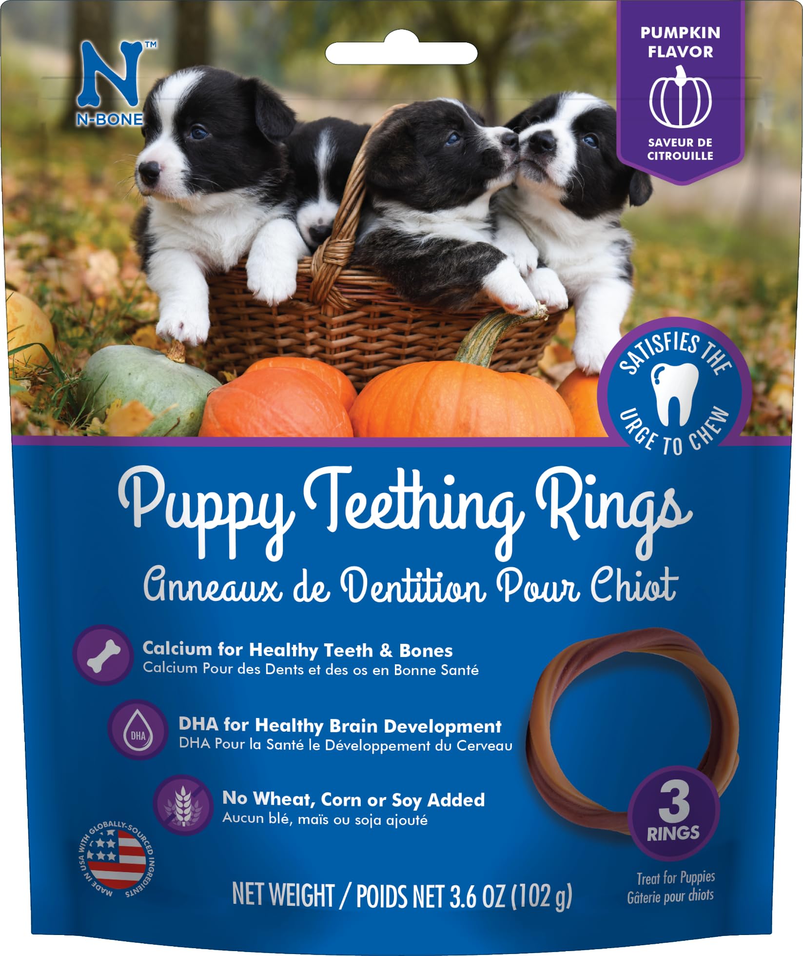 N-Bone anneaux de dentition chiot saveur citrouille, pratique et attrayant.