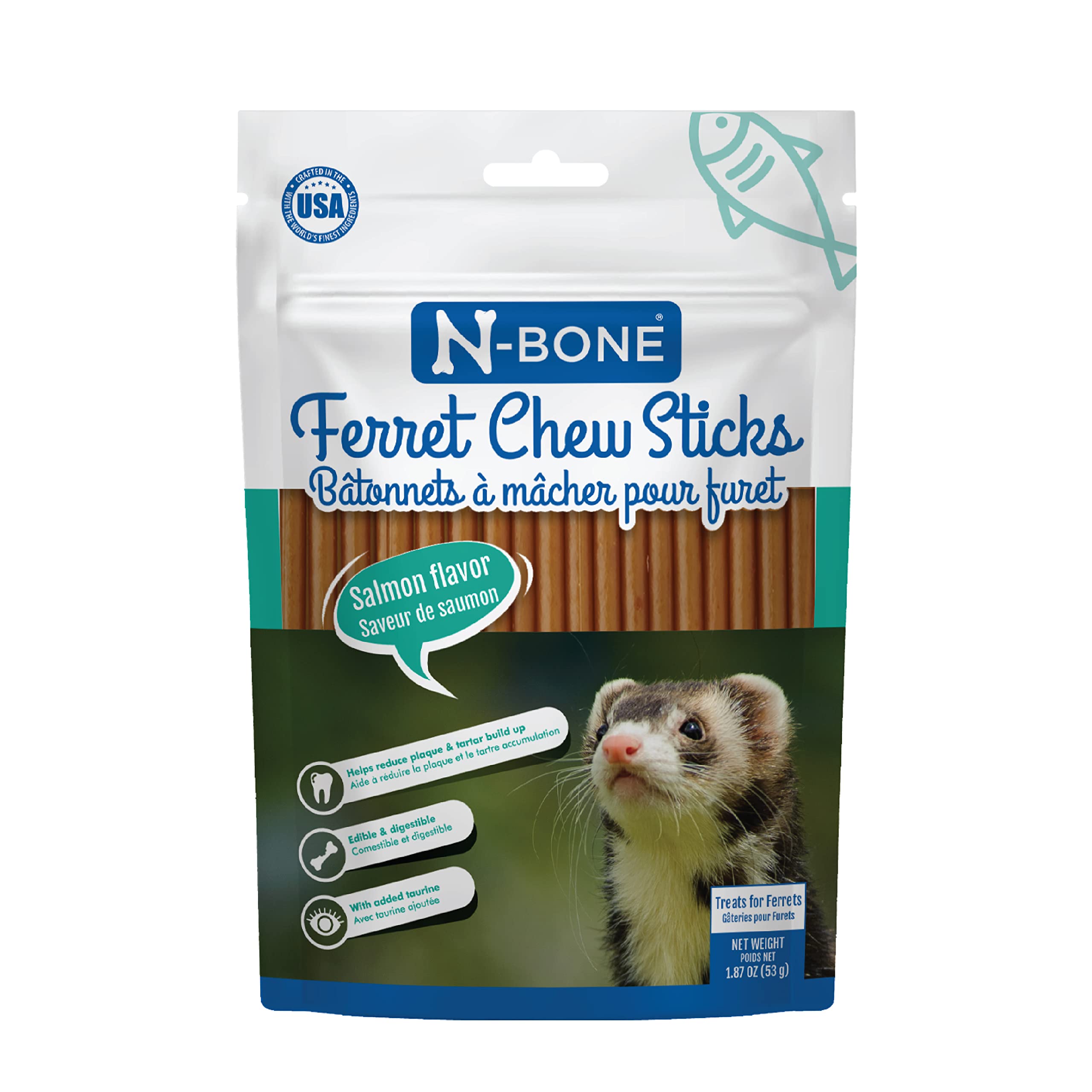 Bâtonnets N-Bone pour furet saumon emballage: récompense pratique et goût savoureux.