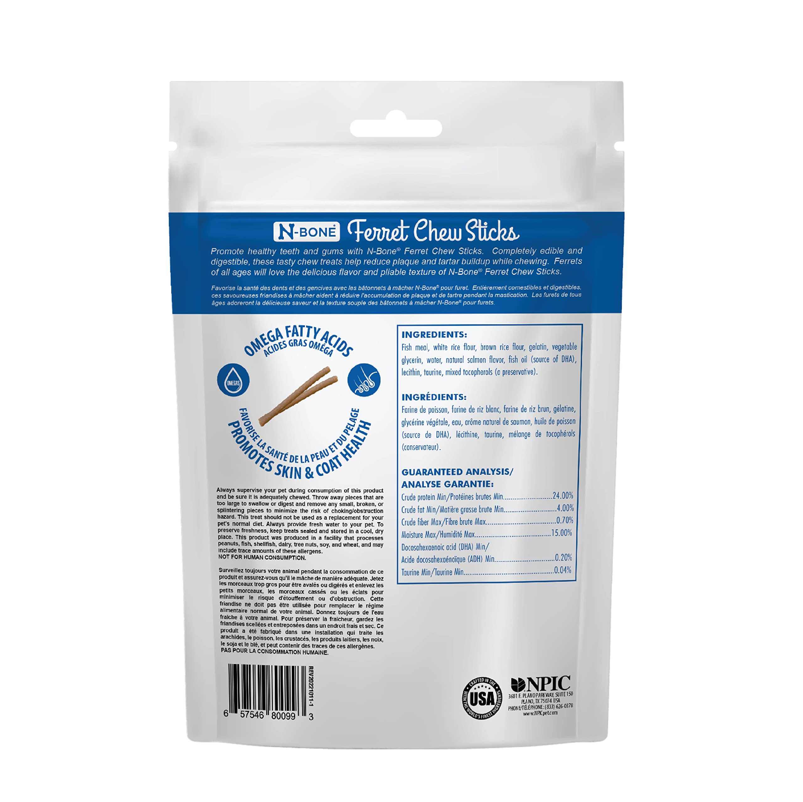 Bâtonnets N-Bone saumon texture douce, mastication agréable pour furet curieux.