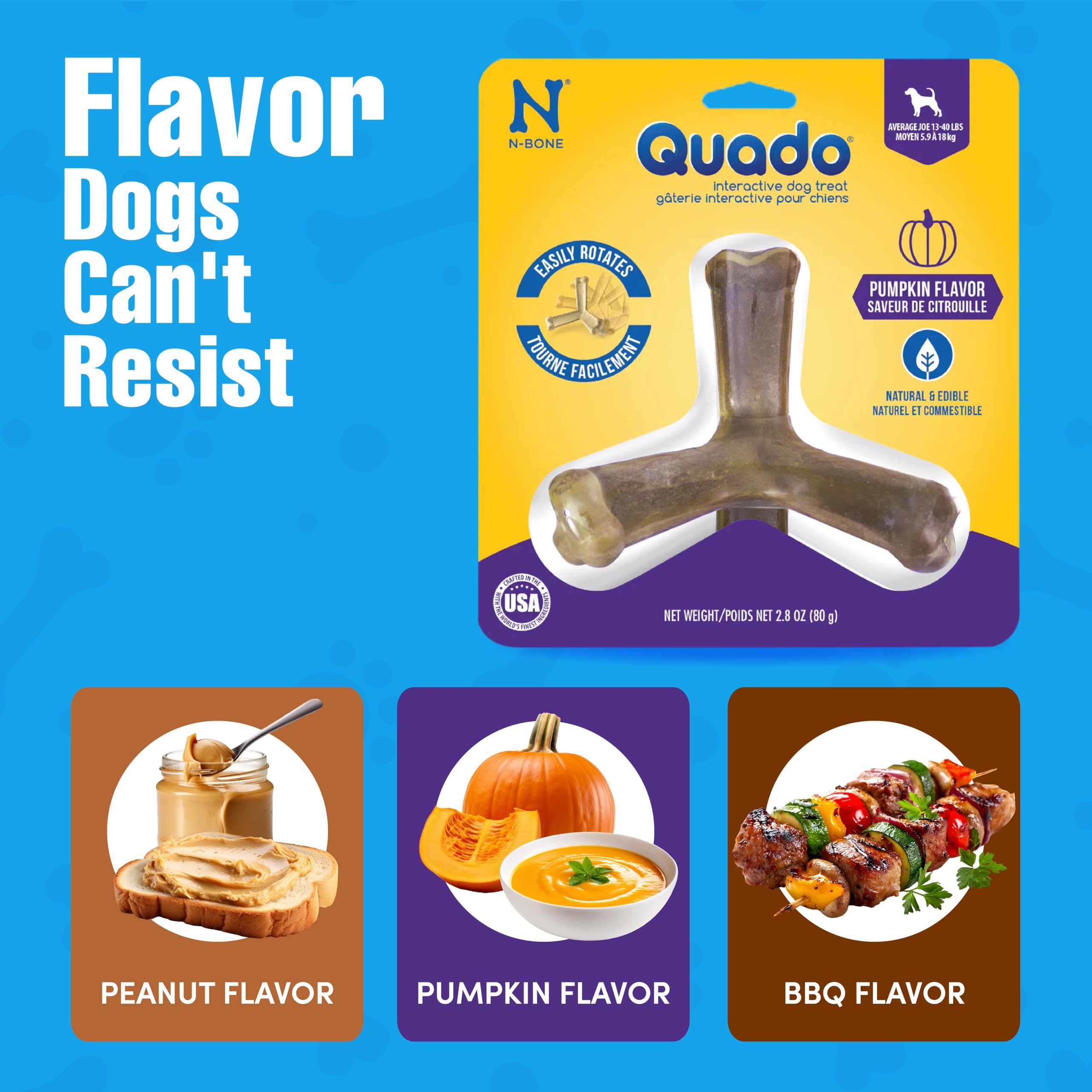 N-Bone Quado Interactif citrouille – etiquette indiquant sans blé, sans maïs, sans soja.