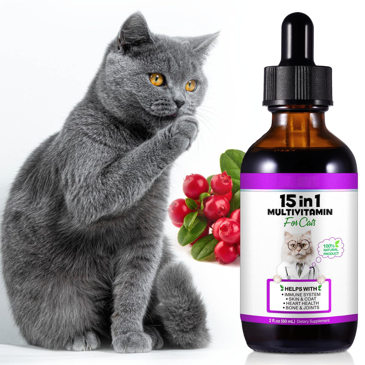 NBTREKTIE chat gouttes vitamine 15en1 – soutien nutritionnel global.