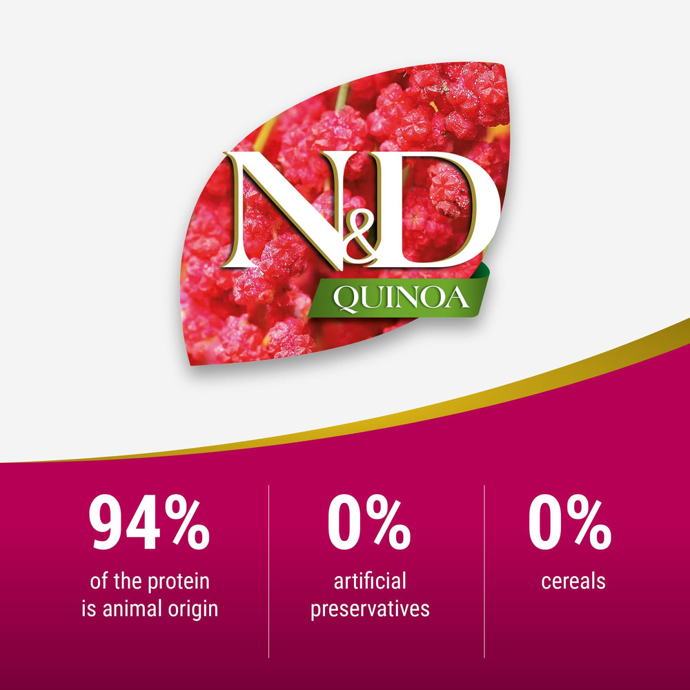 N&D ingrédients agneau-quinoa, qualité et origine naturelle.