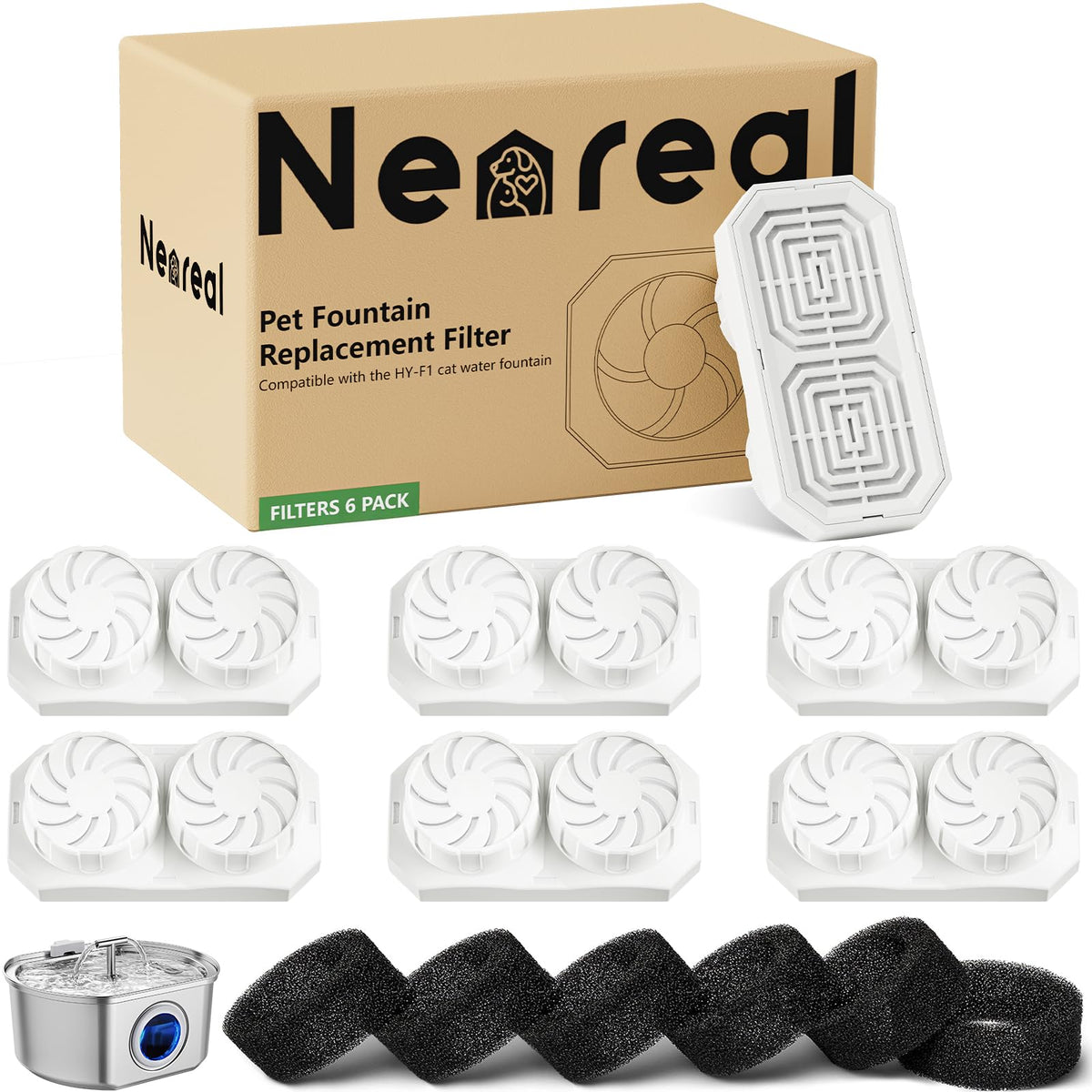 Filtre de remplacement Neareal 6-pack pour fontaine inox, eau propre.