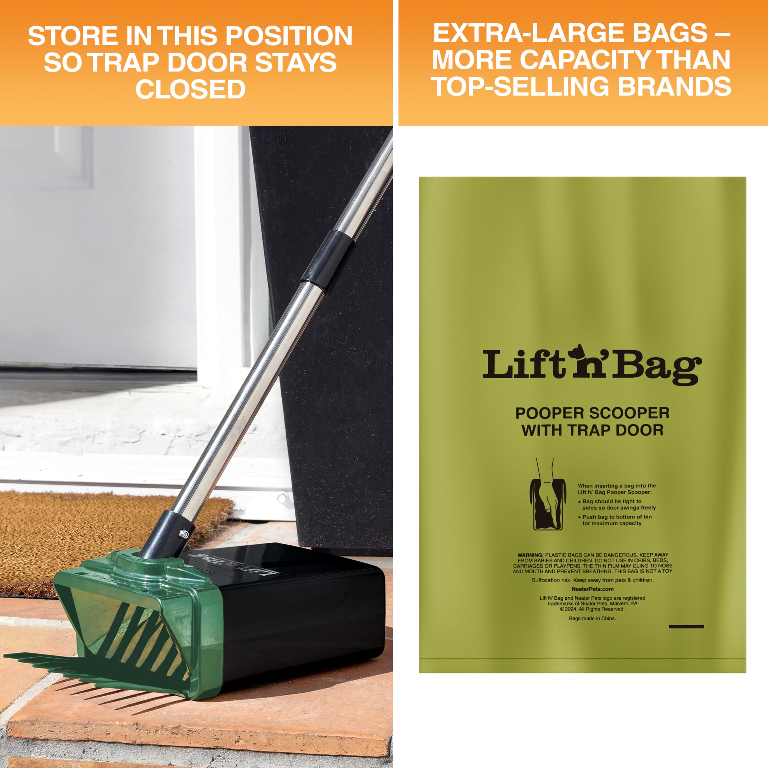 Lift N’ Bag 2.0 : manche de 22 po pour manipulation aisée.